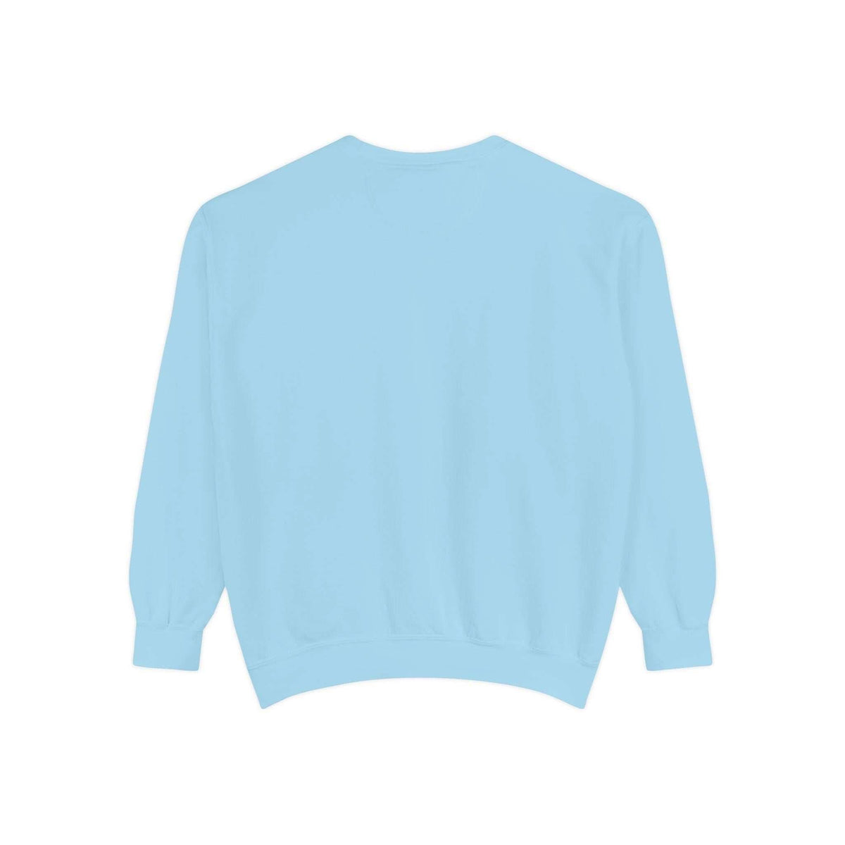 back view of light blue iridescent Merry Christmas sweatshirt with ribbed cuffs and hem, cozy holiday apparel