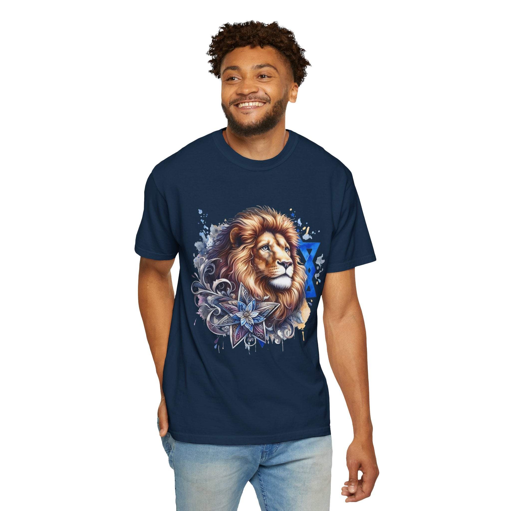 Man wearing navy Lion of Judah T-Shirt with graphic lion design and floral elements