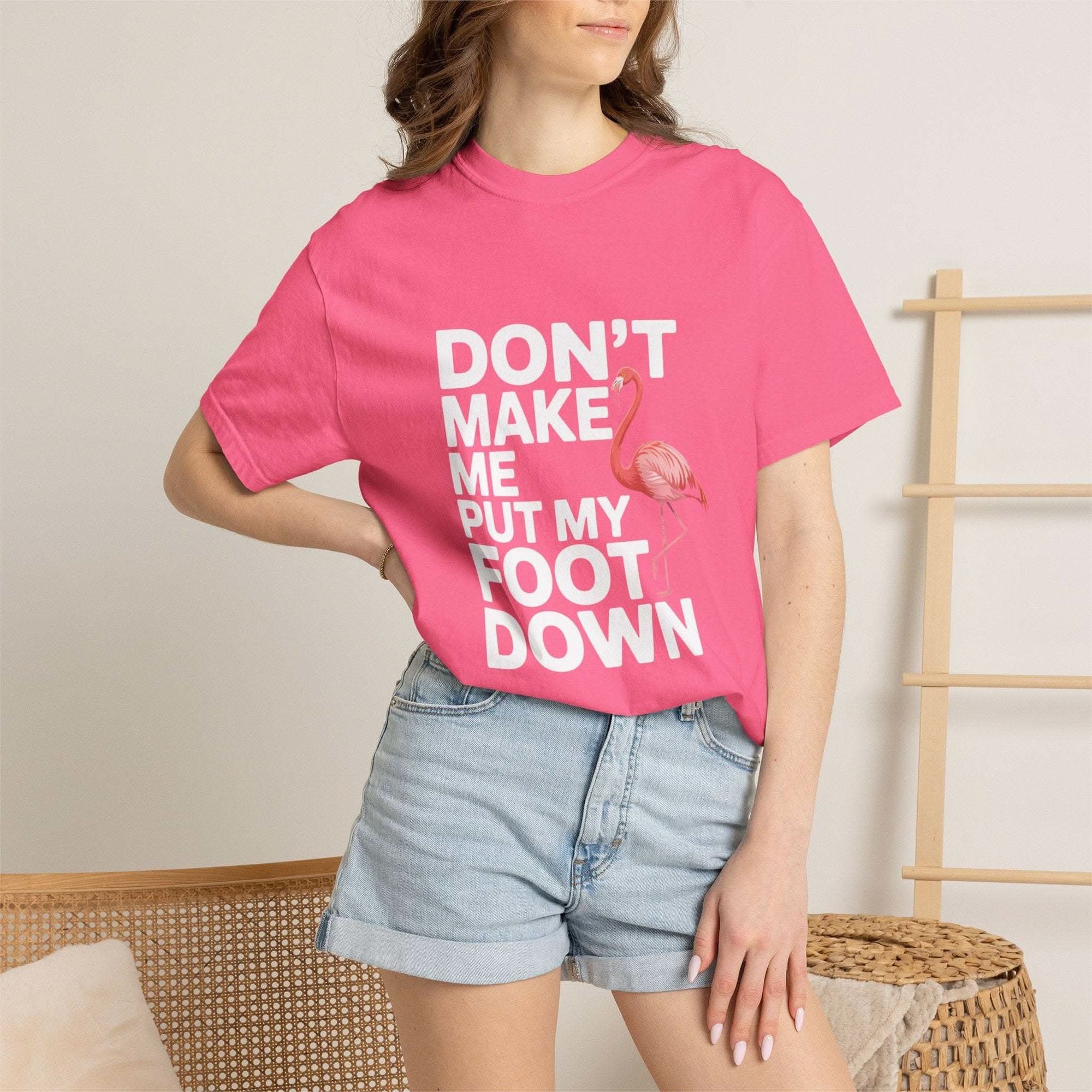 Dont Make Me Put My Foot Down flamingo graphic on vintage-style casual t-shirt