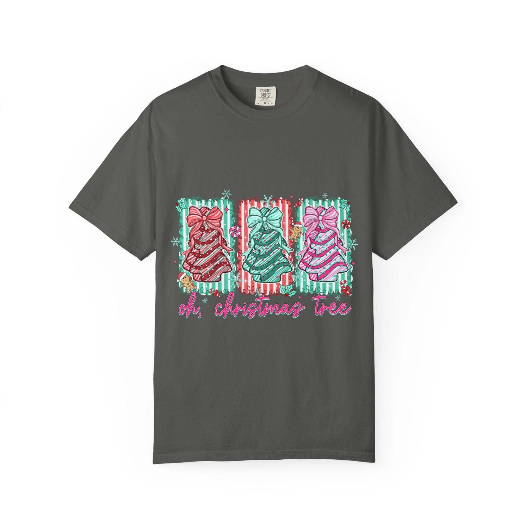 Oh Christmas Tree T-shirt with festive colorful decorated trees and holiday design on gray garment-dyed fabric