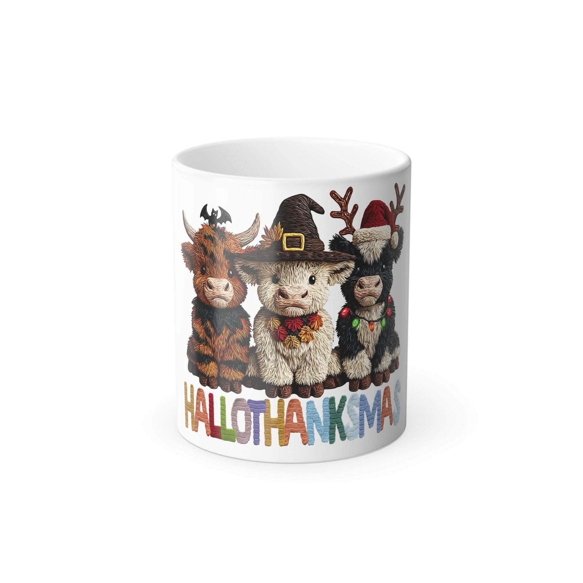 Heat-sensitive Color Morphing Mug revealing vibrant holiday colors with steam rising from hot drink