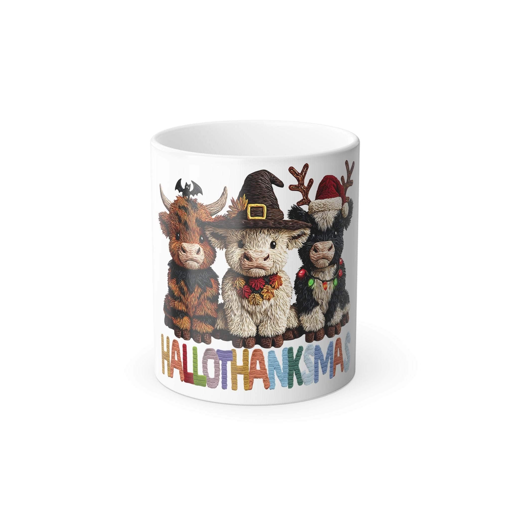 Color morphing mug with holiday-themed animal trio design and "HalloThanksMas" text on white ceramic surface
