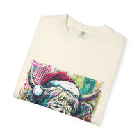 Retro Santa Highland Cow graphic on green cotton T-shirt