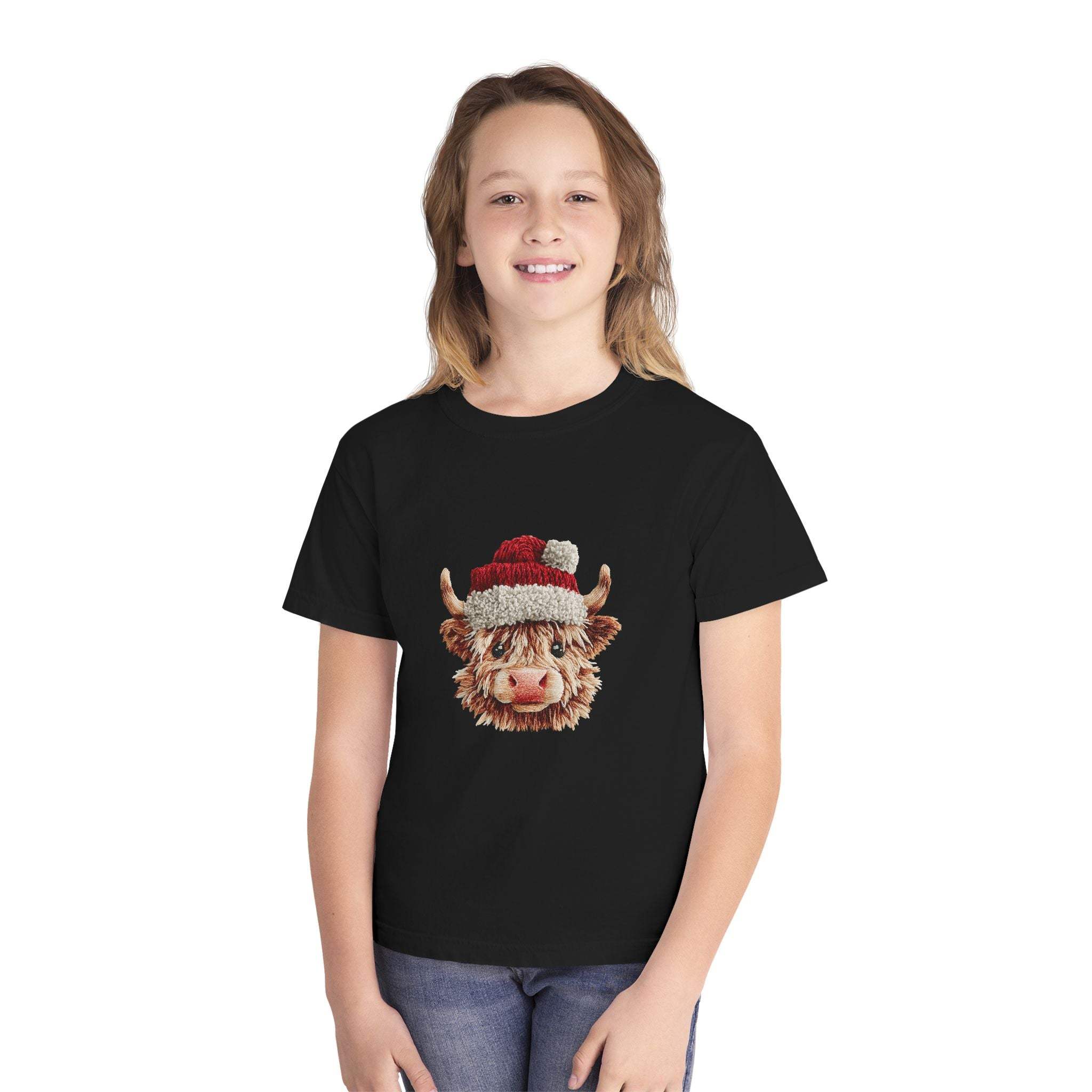 Youth tee featuring Santa Highland cow in faux crochet yarn style Christmas design