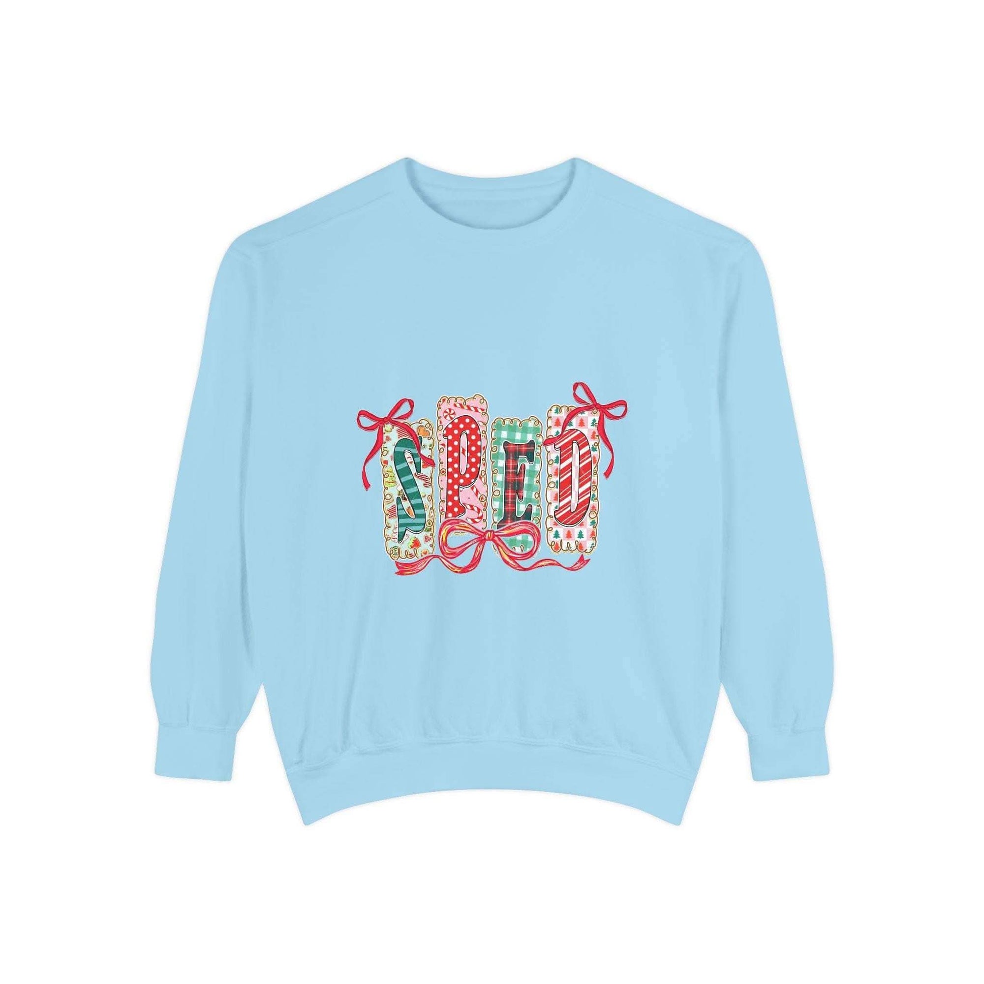 Pepper garment-dyed sweatshirt for preppy SPED teachers, featuring a festive Christmas design by Printify