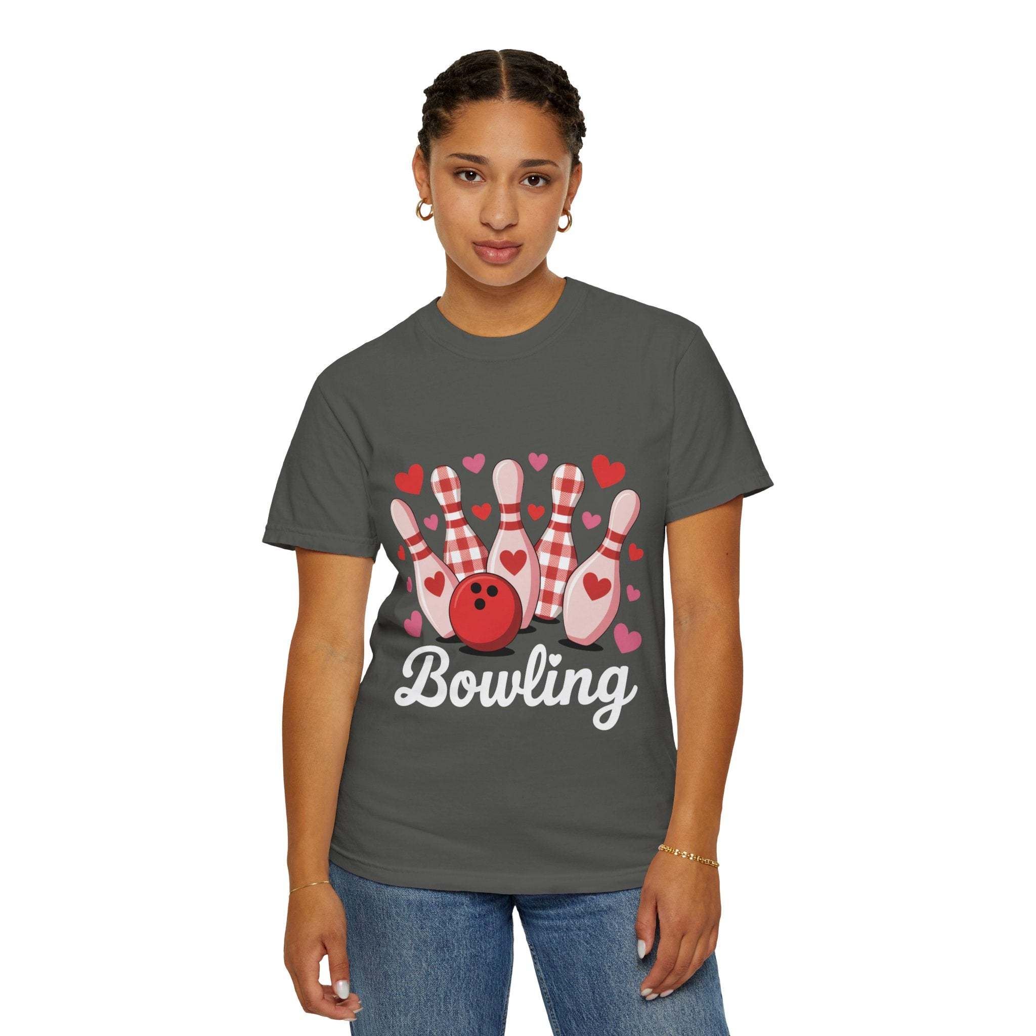 Valentine's Bowling Hearts Tshirt with tiny hearts and curved bowling pin design on soft heavyweight cotton