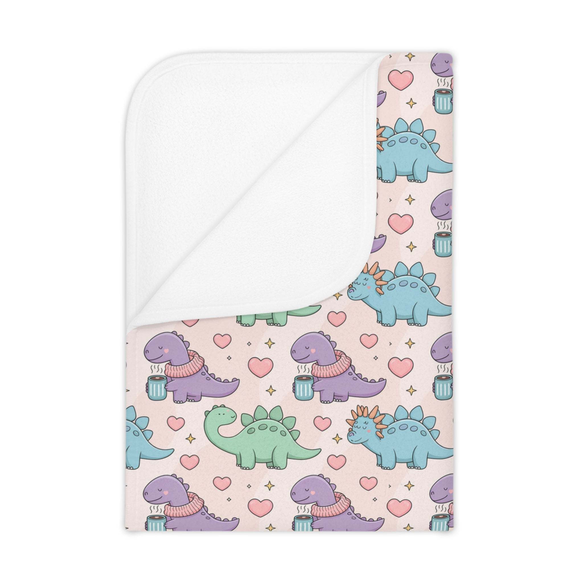 Toddler blanket with pastel dinosaurs wearing scarves and hearts on a soft fleece fabric