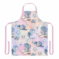 Pastel Coastal Cowgirl apron with beach-themed cowgirl boots and hats design, adjustable pink straps, soft polyester fabric