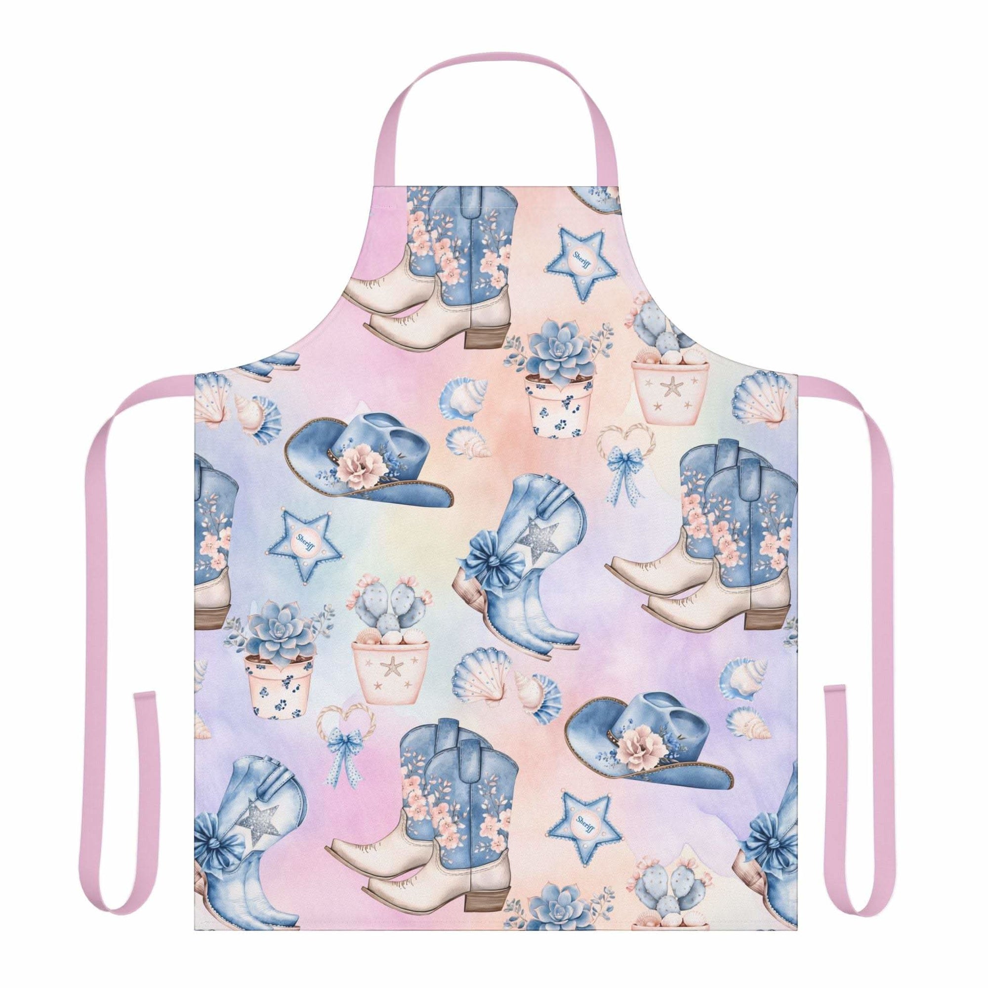 Pastel Coastal Cowgirl apron with beach-themed cowgirl boots and hats design, adjustable pink straps, soft polyester fabric