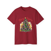 Black Merry Pugmas holiday t-shirt from Printify, featuring festive pug design for dog lovers.