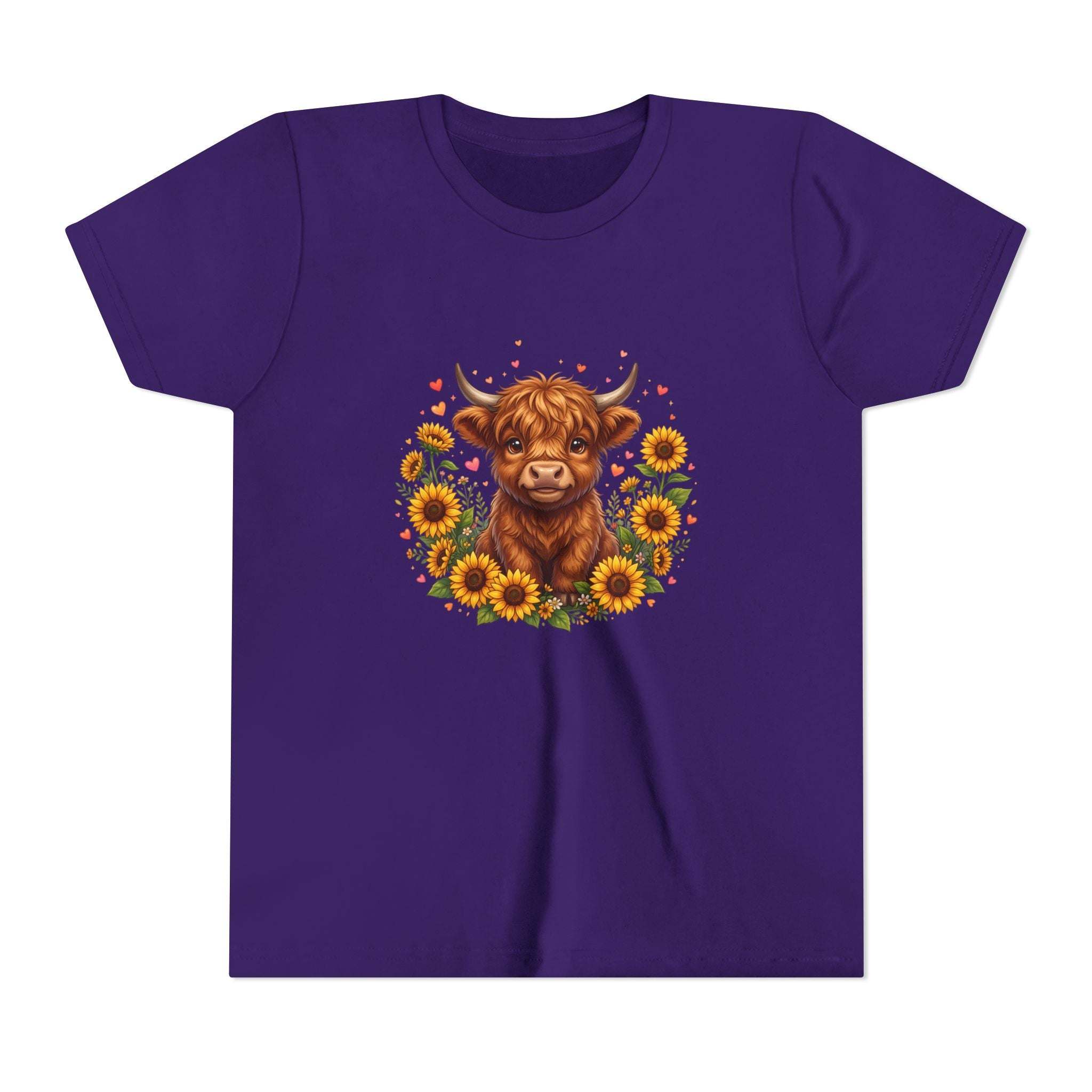 Highland Cow with Sunflowers Youth Tee | Cute Calf Floral Kids Shirt