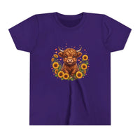 Youth tee featuring Highland Cow with Sunflowers design on soft cotton fabric