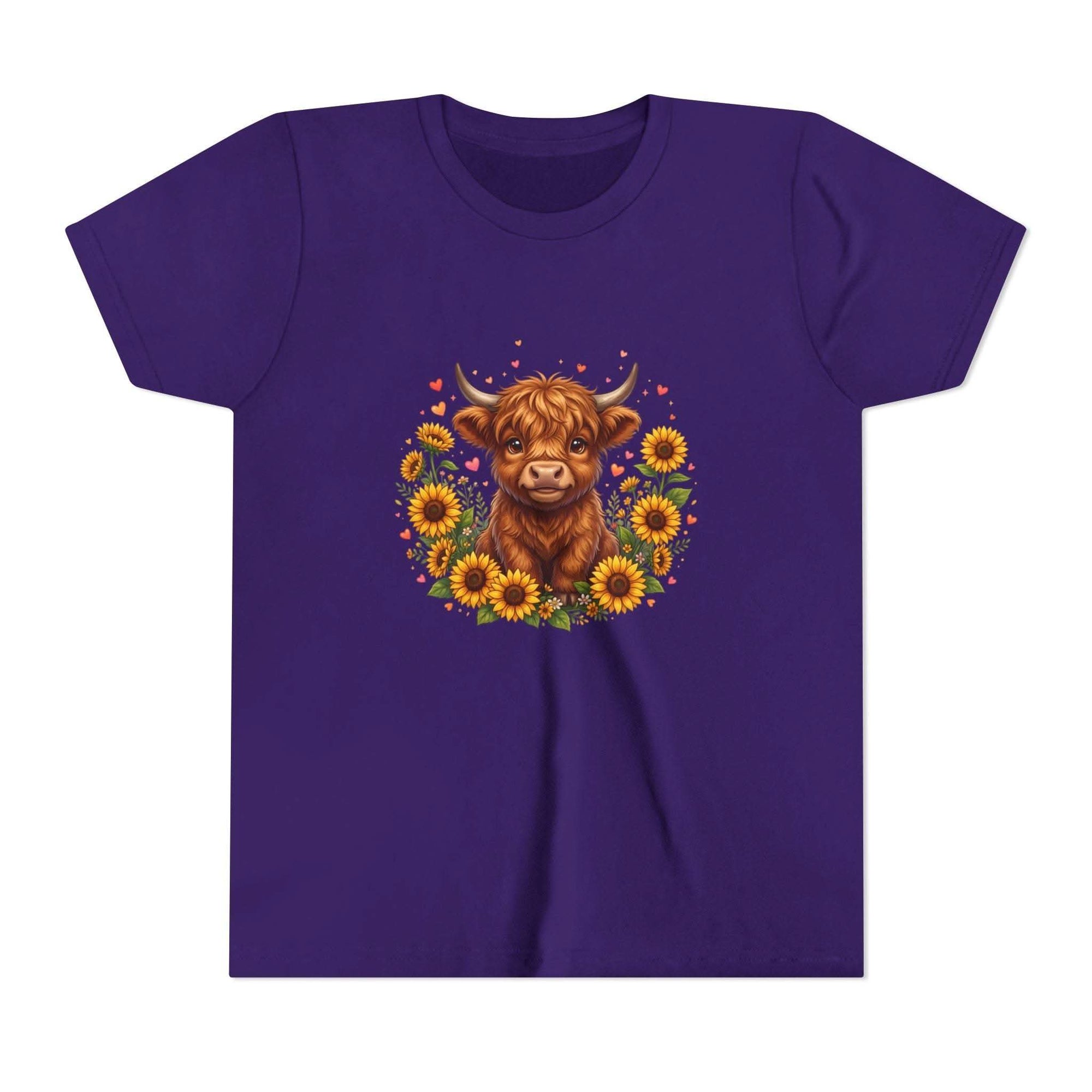 Youth tee featuring Highland Cow with Sunflowers design on soft cotton fabric