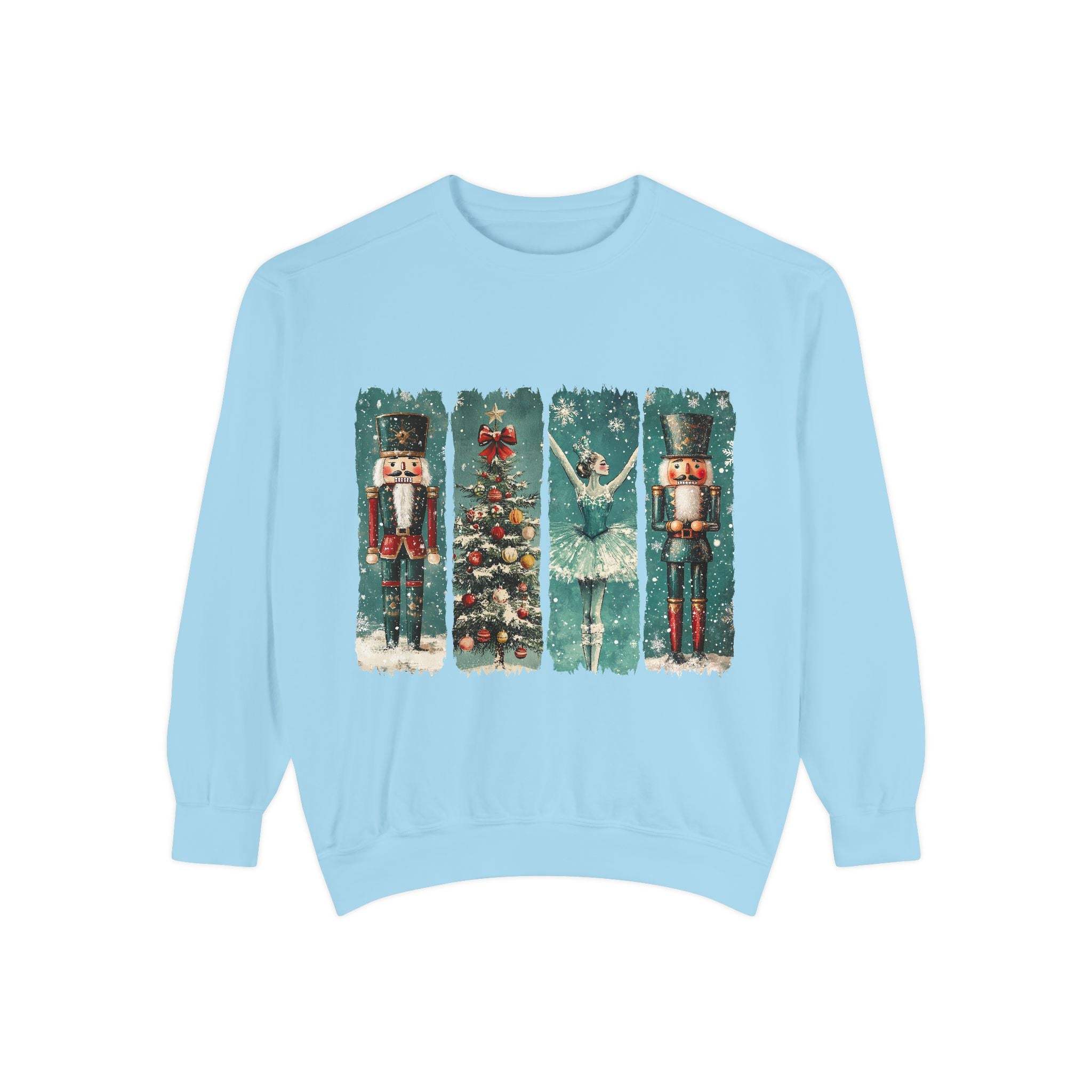 Vintage Christmas Nutcracker watercolor sweatshirt with festive nutcracker and ballerina design on light blue fabric