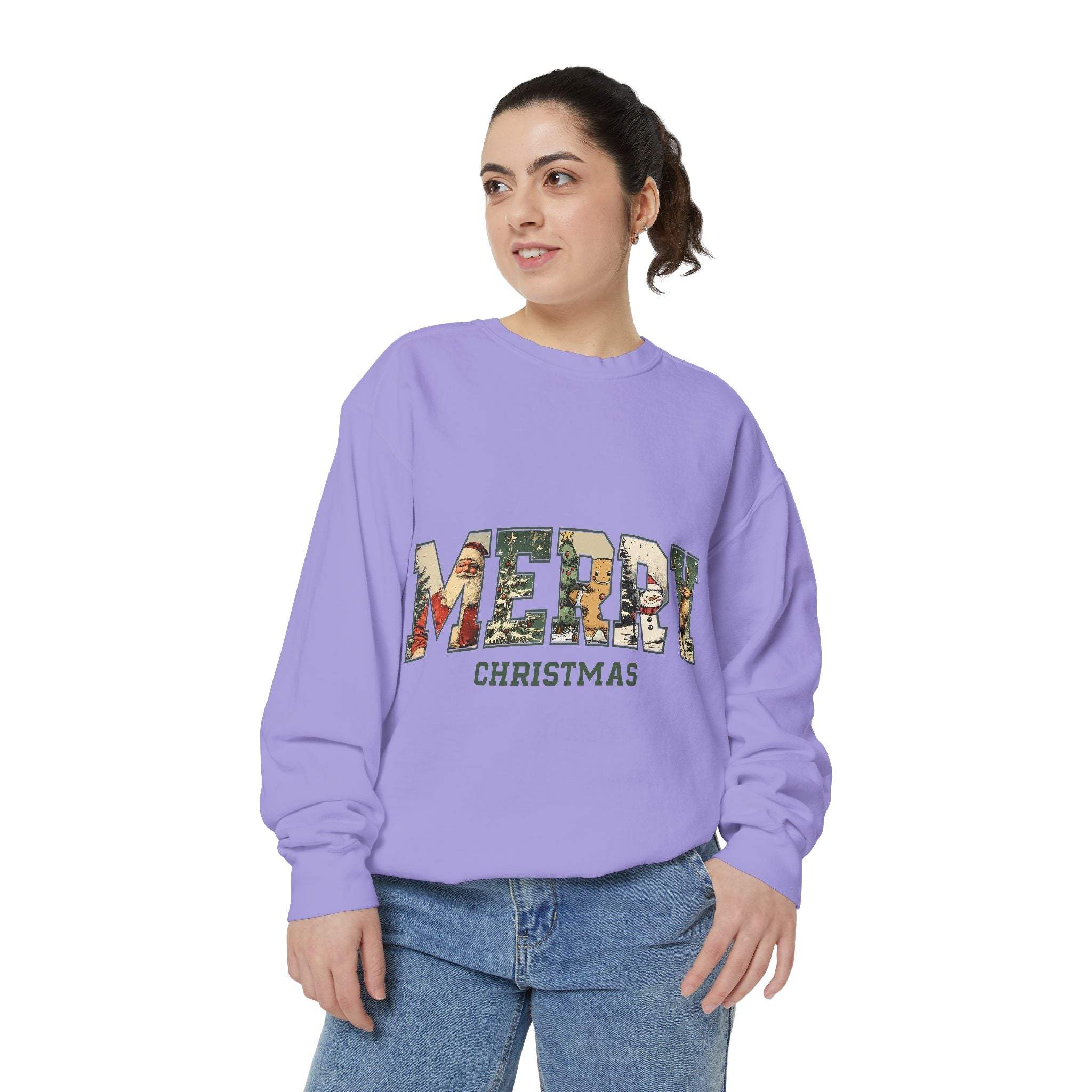 woman wearing vintage varsity merry christmas purple sweatshirt with graphic print and relaxed fit