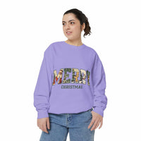 woman wearing vintage varsity merry christmas purple sweatshirt with graphic print and relaxed fit