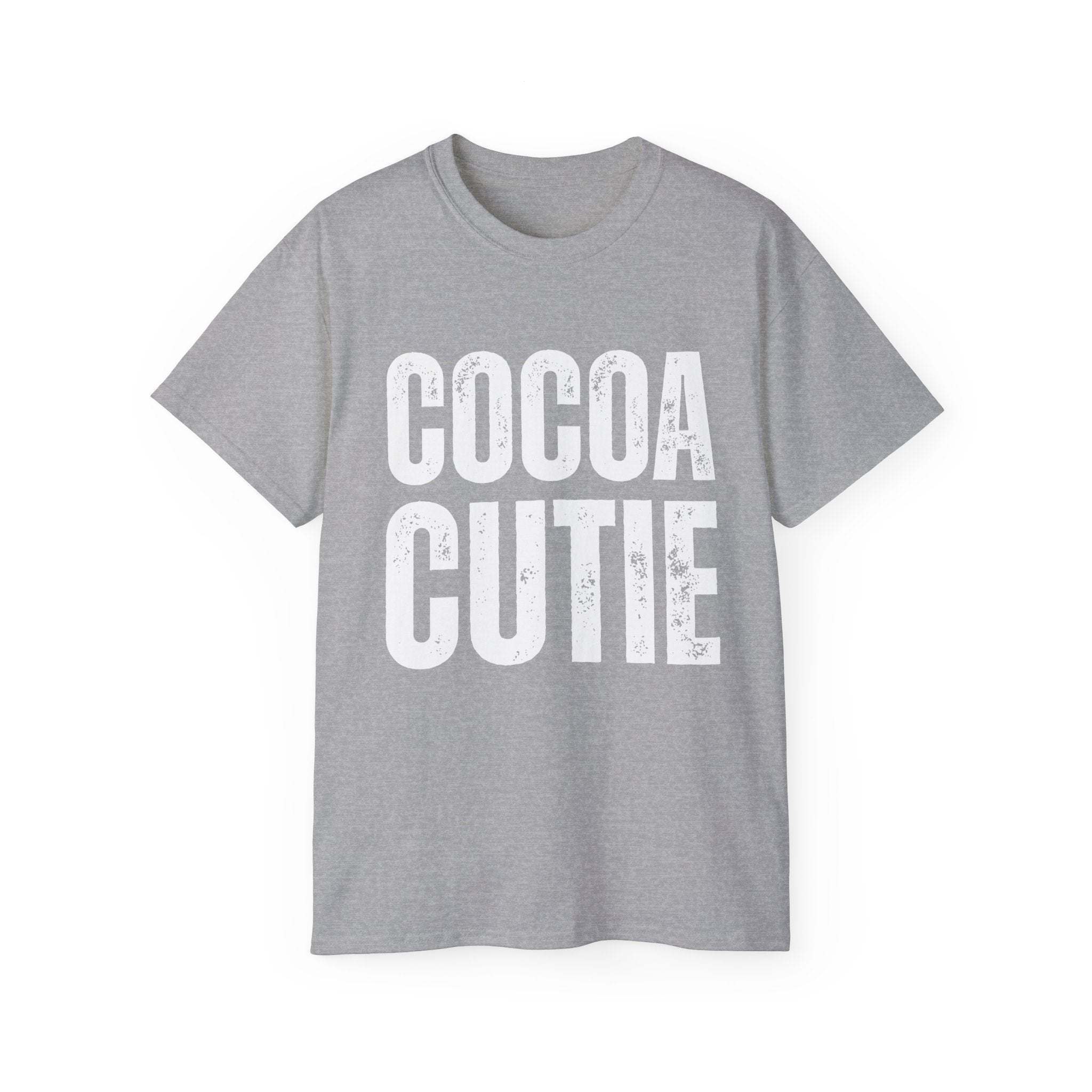 Gray distressed Cocoa Cutie Tee with bold white text, made from eco-friendly cotton, casual and vintage style