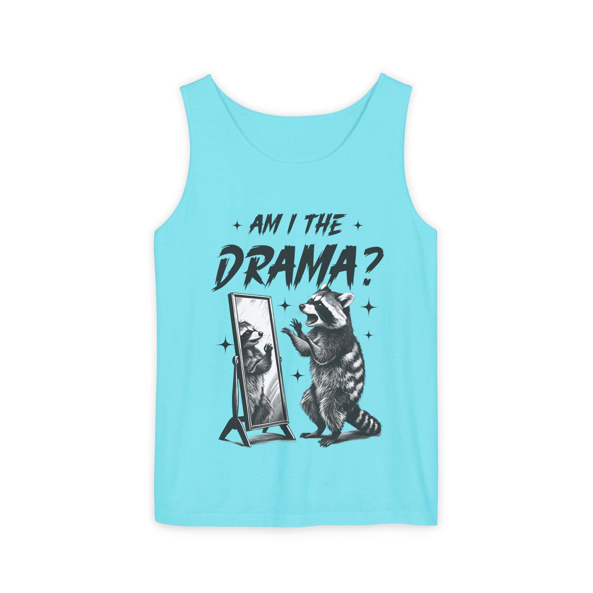 Blue tank top with "Am I The Drama?" text and raccoon graphic looking in mirror