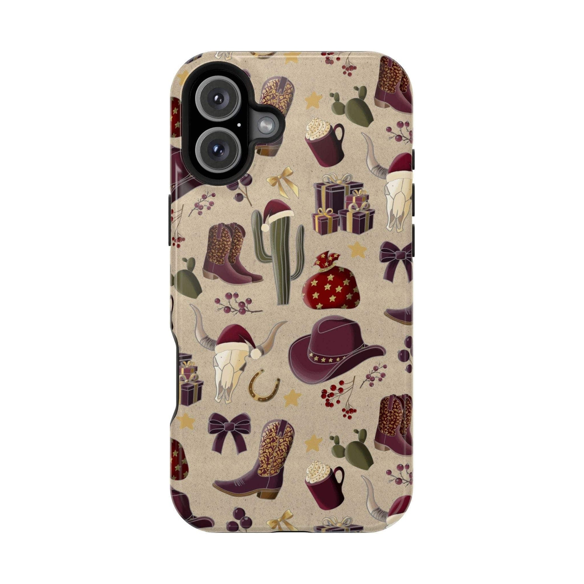 Cowboy Christmas design phone case for iPhone 17 in glossy finish by Printify, featuring festive colors and patterns.