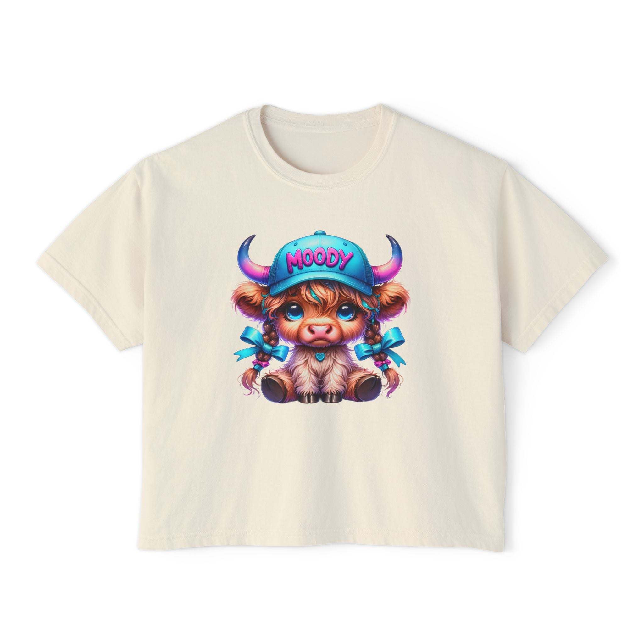 Women's moody girl highland cow boxy tee in vintage pigment dye with casual, artistic design