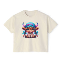 Women's moody girl highland cow boxy tee in vintage pigment dye with casual, artistic design