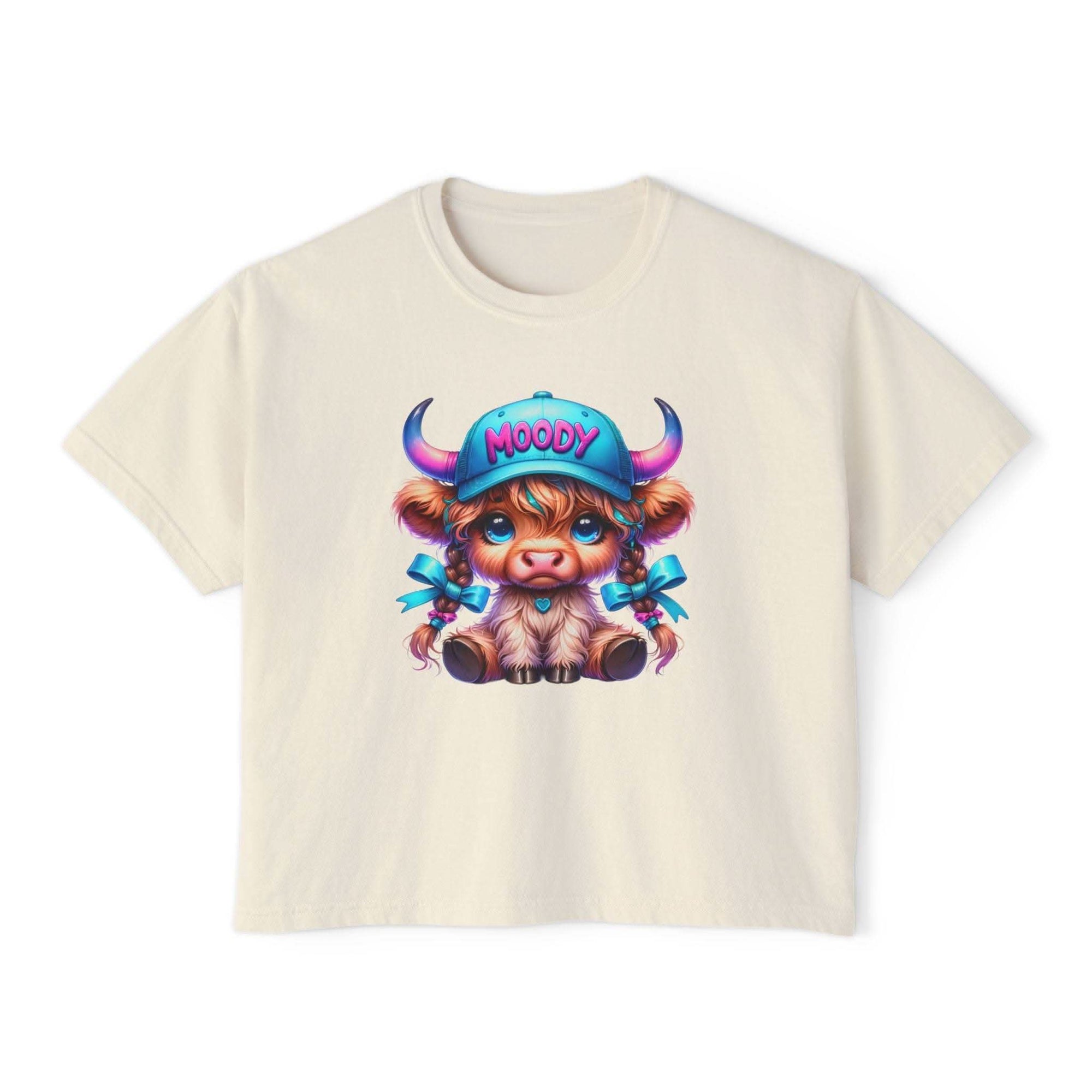 Women's moody girl highland cow boxy tee in vintage pigment dye with casual, artistic design