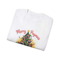 Black Merry Pugmas holiday t-shirt from Printify, featuring festive pug design for dog lovers.