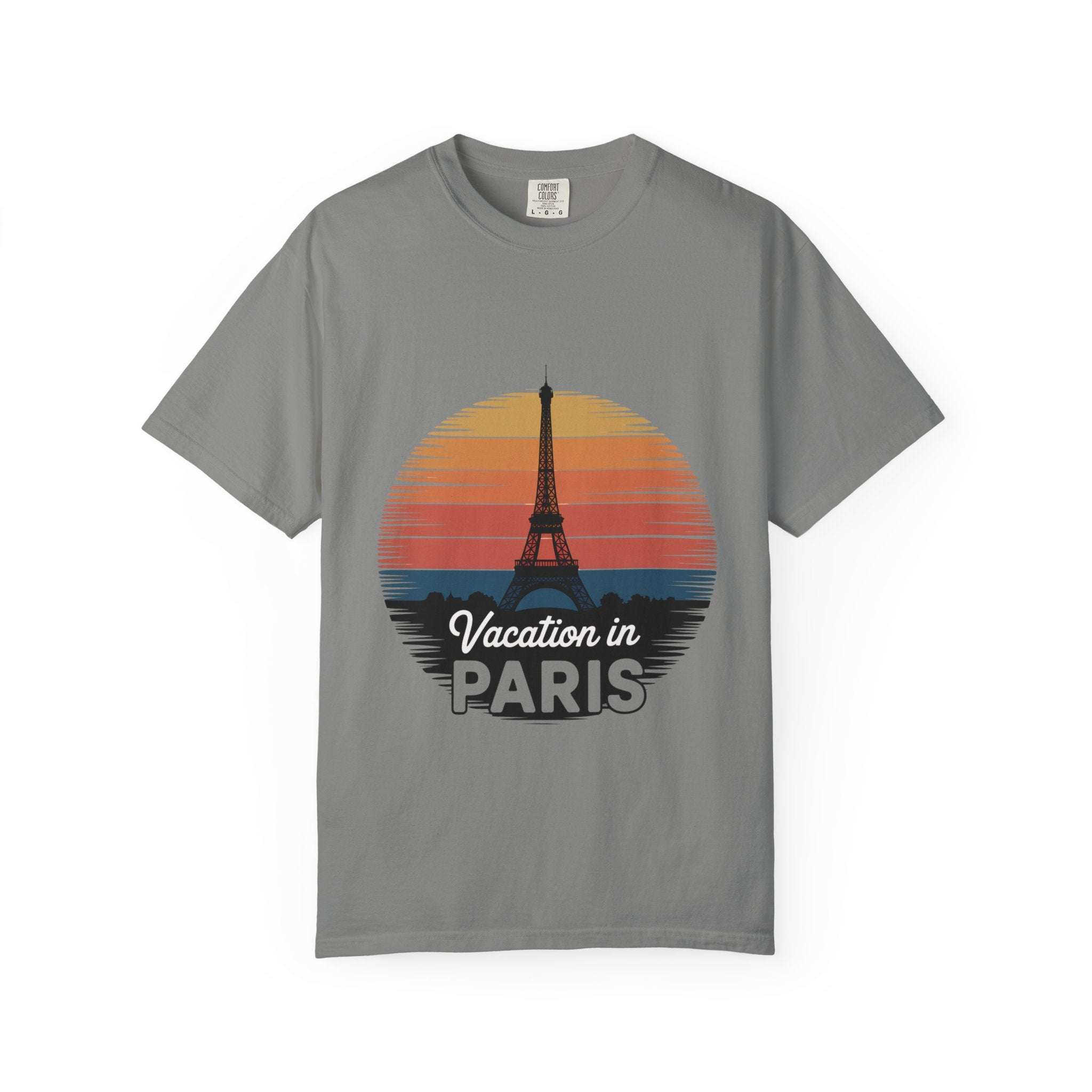 Garment-dyed red t-shirt featuring 'Vacation in Paris' design, casual travel apparel by Printify