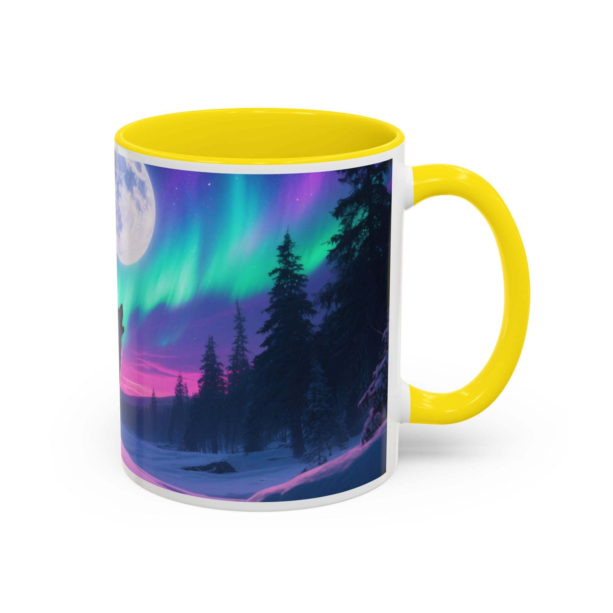 Mug with a design of the Northern Lights over a forest, yellow handle and rim.