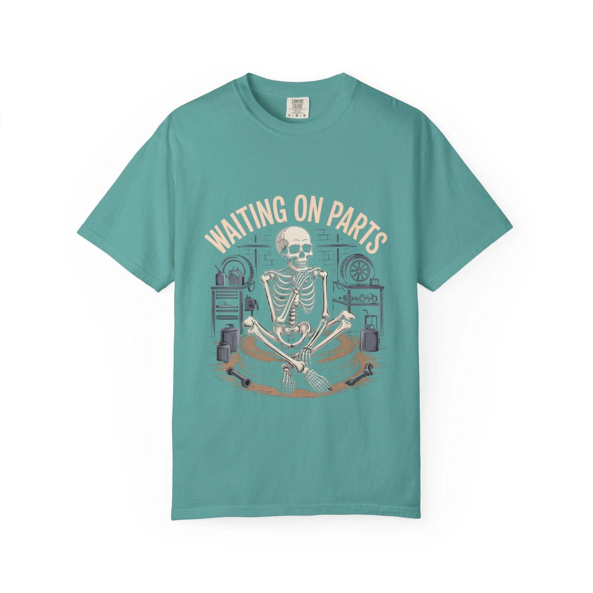 Vintage garment-dyed Waiting on Parts TShirt in faded color, soft cotton mechanic tee with relaxed fit and minimalist text