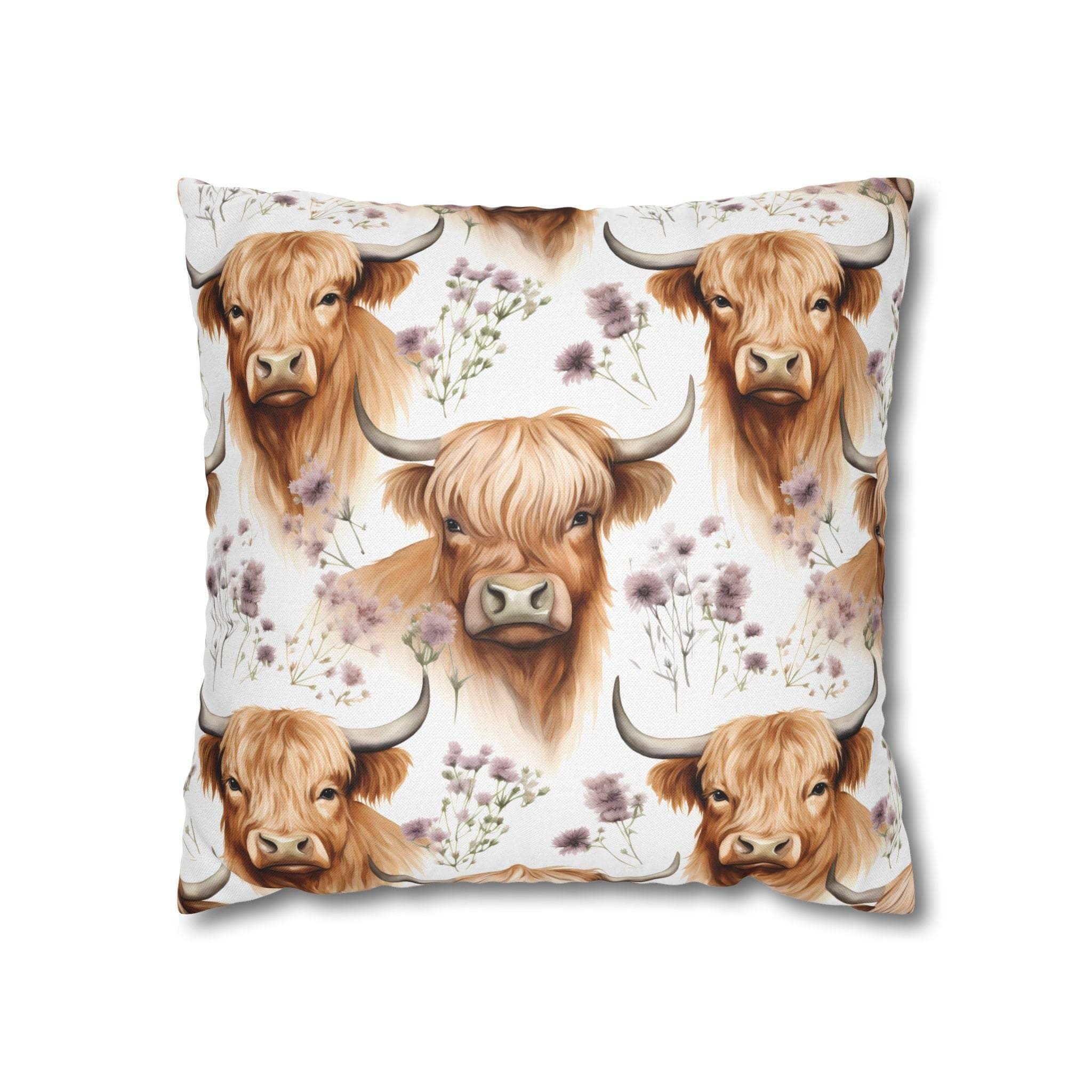 Floral Highland Cow square pillowcase with delicate blooms and rustic farmhouse charm