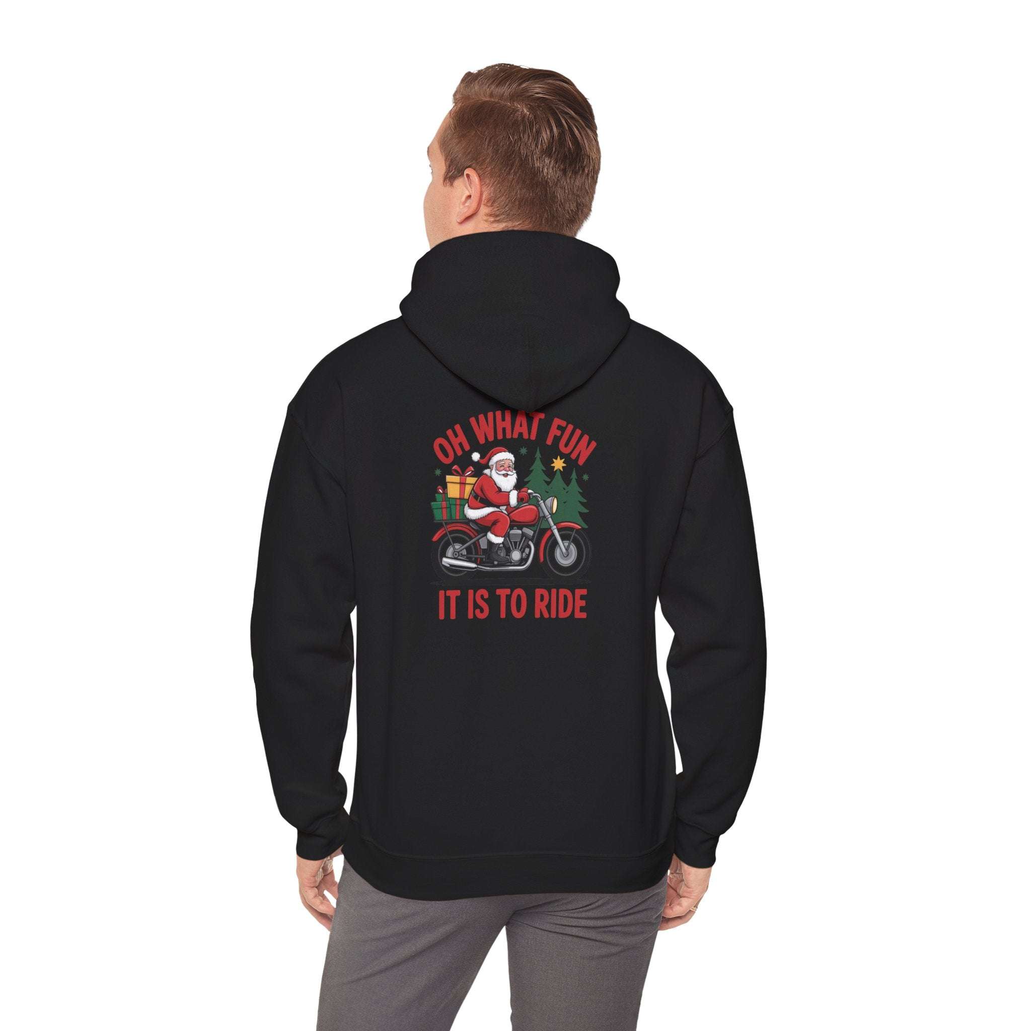 Santa motorcycle hoodie in black, featuring festive graphics, perfect for holiday celebrations and motorcycle enthusiasts.