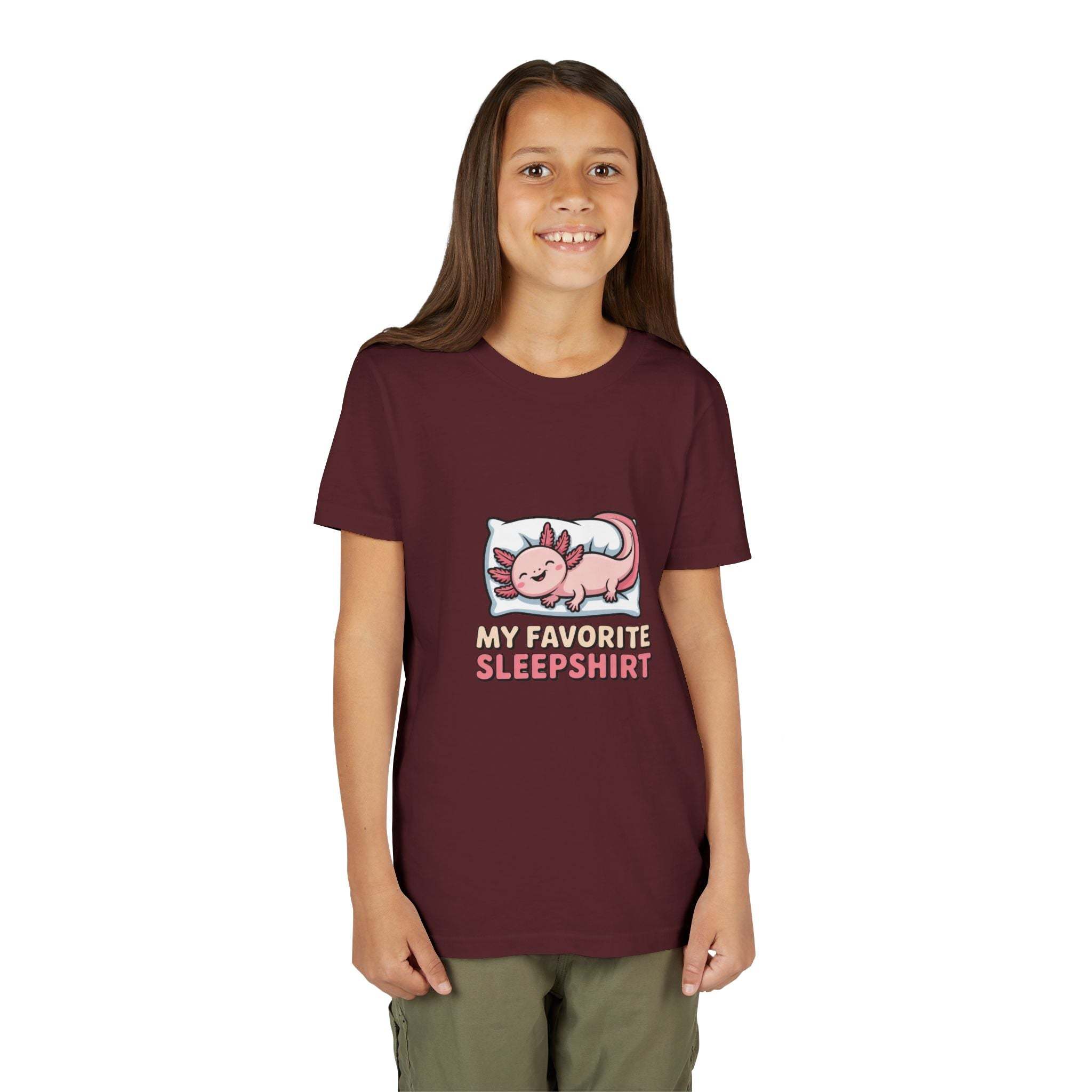 Youth wearing maroon sleepshirt axolotl tee with sleepy axolotl graphic and text My Favorite Sleepshirt