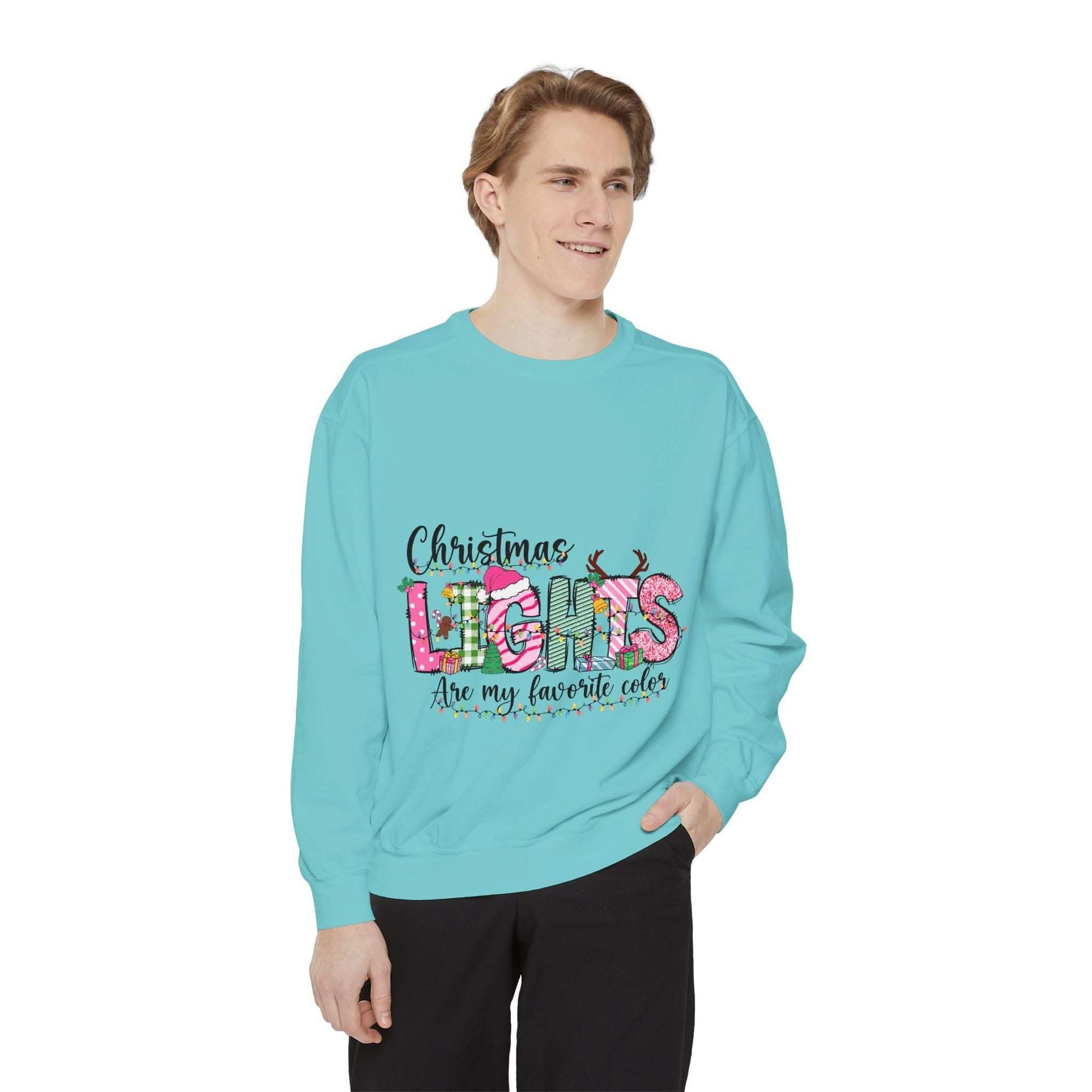 White garment-dyed sweatshirt featuring festive Christmas lights design by Printify