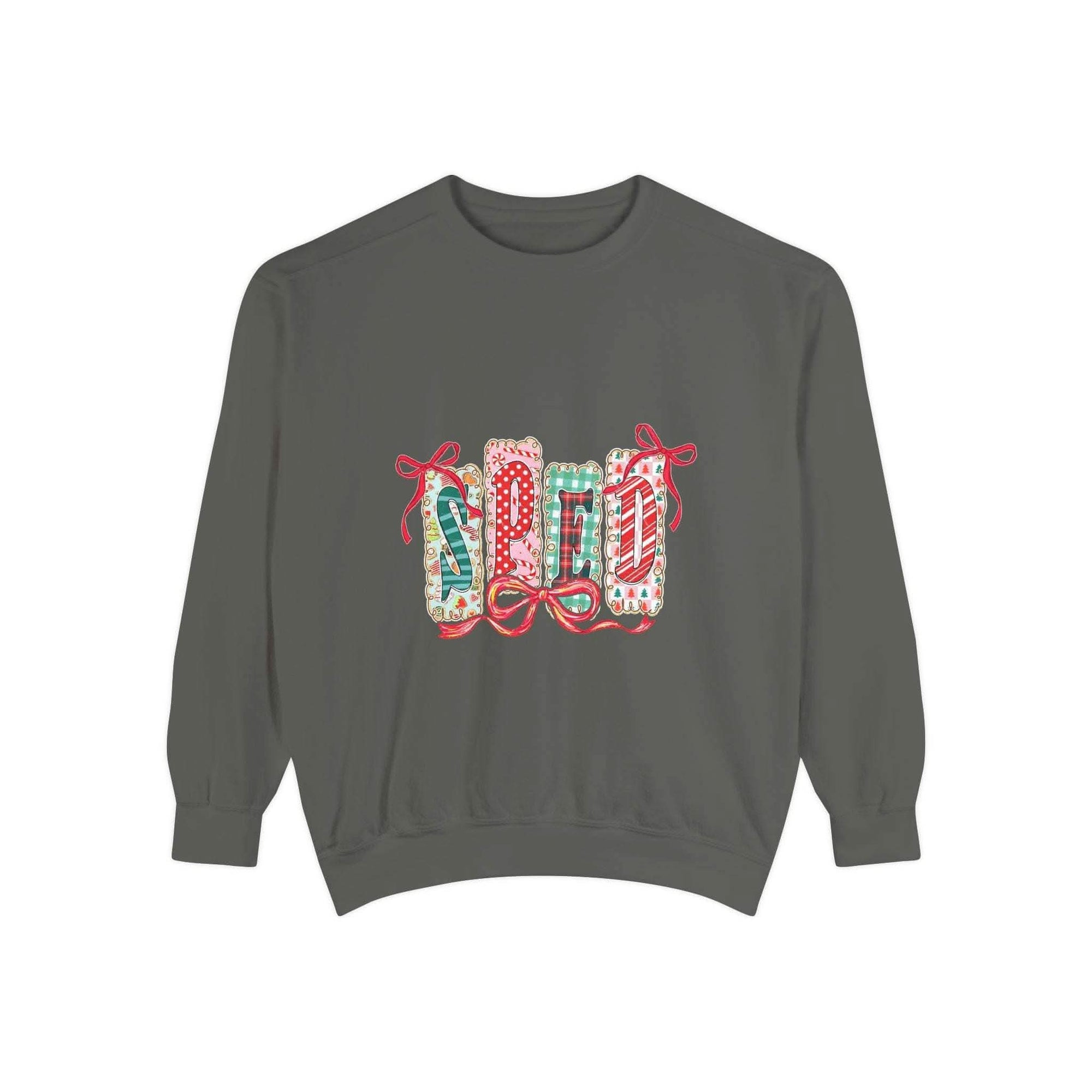 Garment-dyed charcoal sweatshirt with festive SPED Christmas design for special education teachers