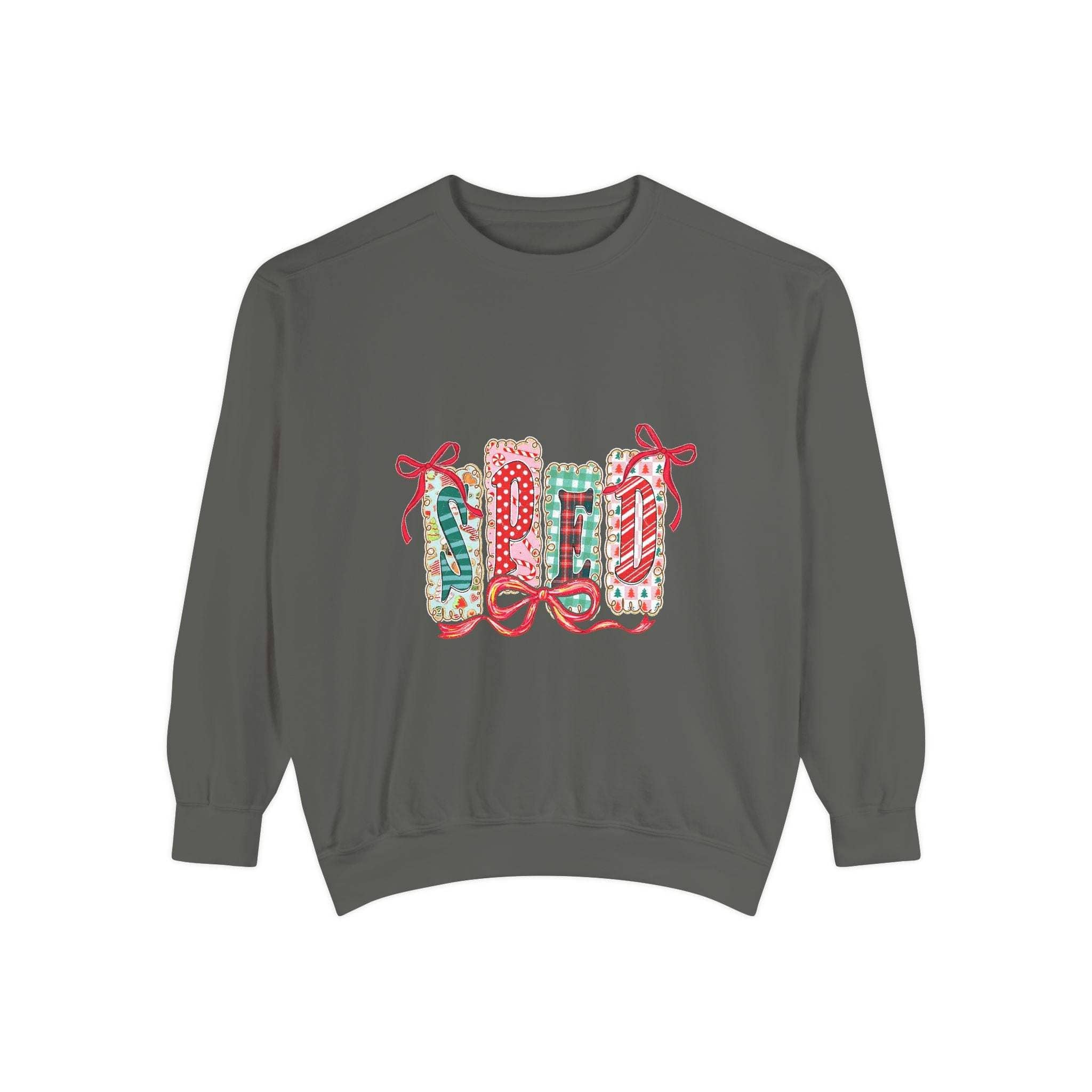 Garment-dyed charcoal sweatshirt with festive SPED Christmas design for special education teachers