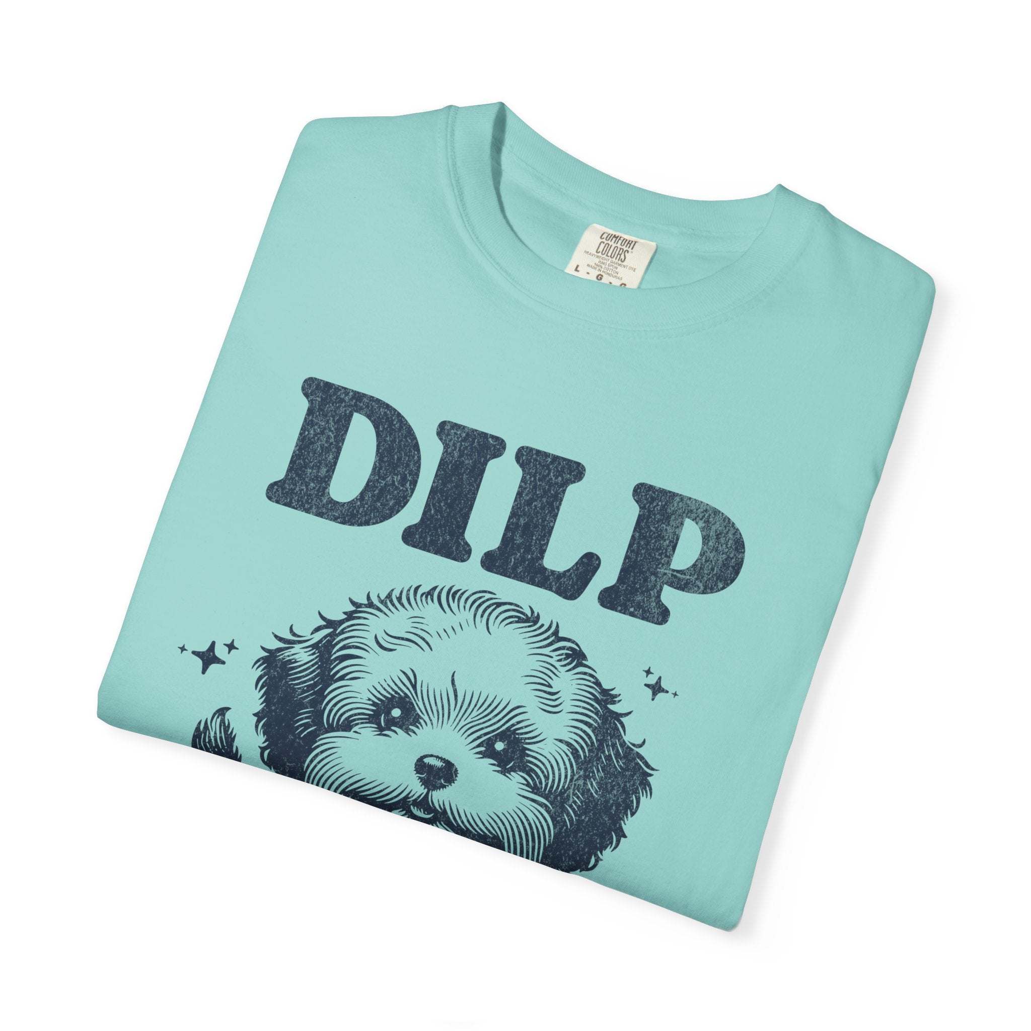 Garment-dyed t-shirt with DILP dog graphic for pet lovers in light blue color
