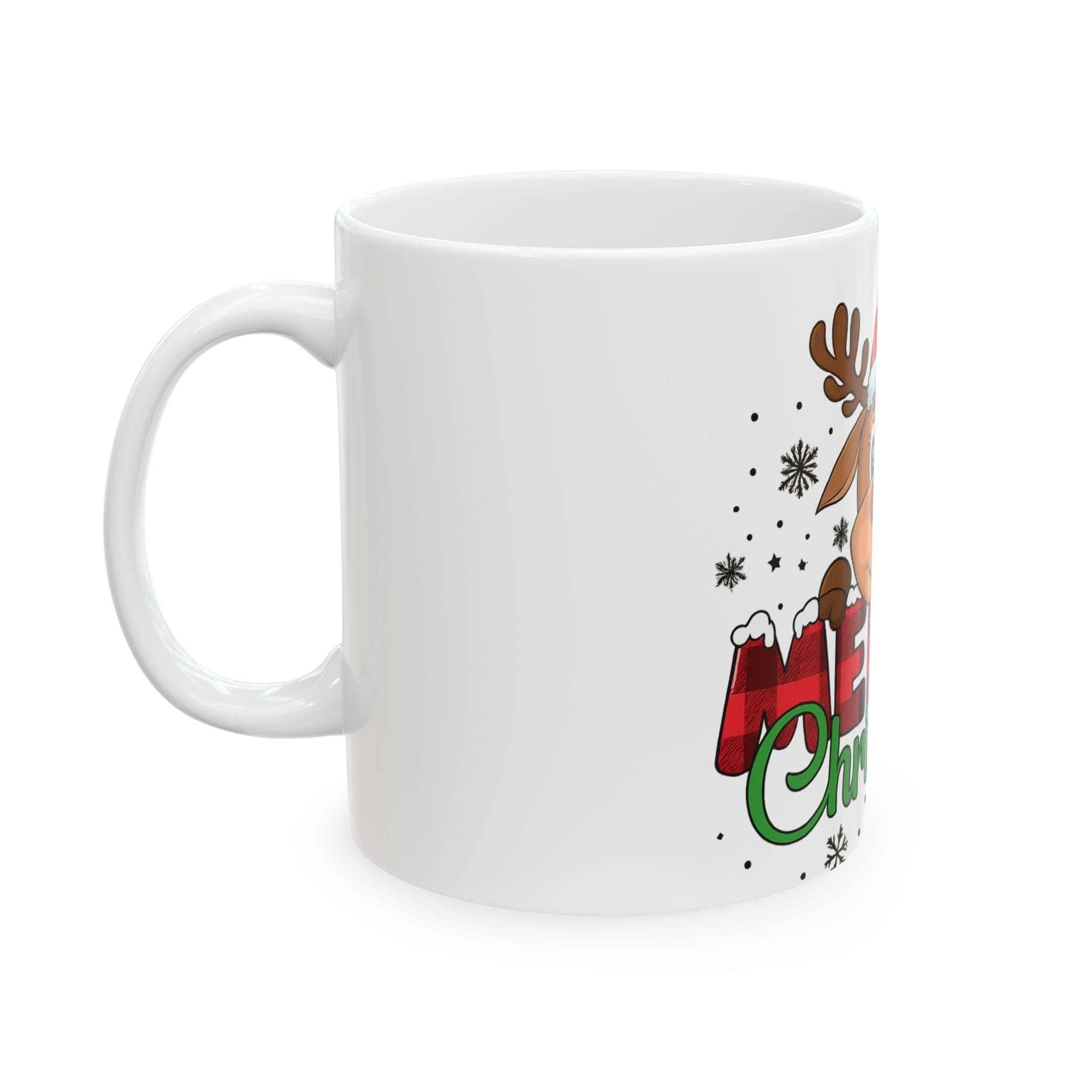 Ceramic Christmas mug featuring a reindeer design, available in 11oz and 15oz sizes from Printify.
