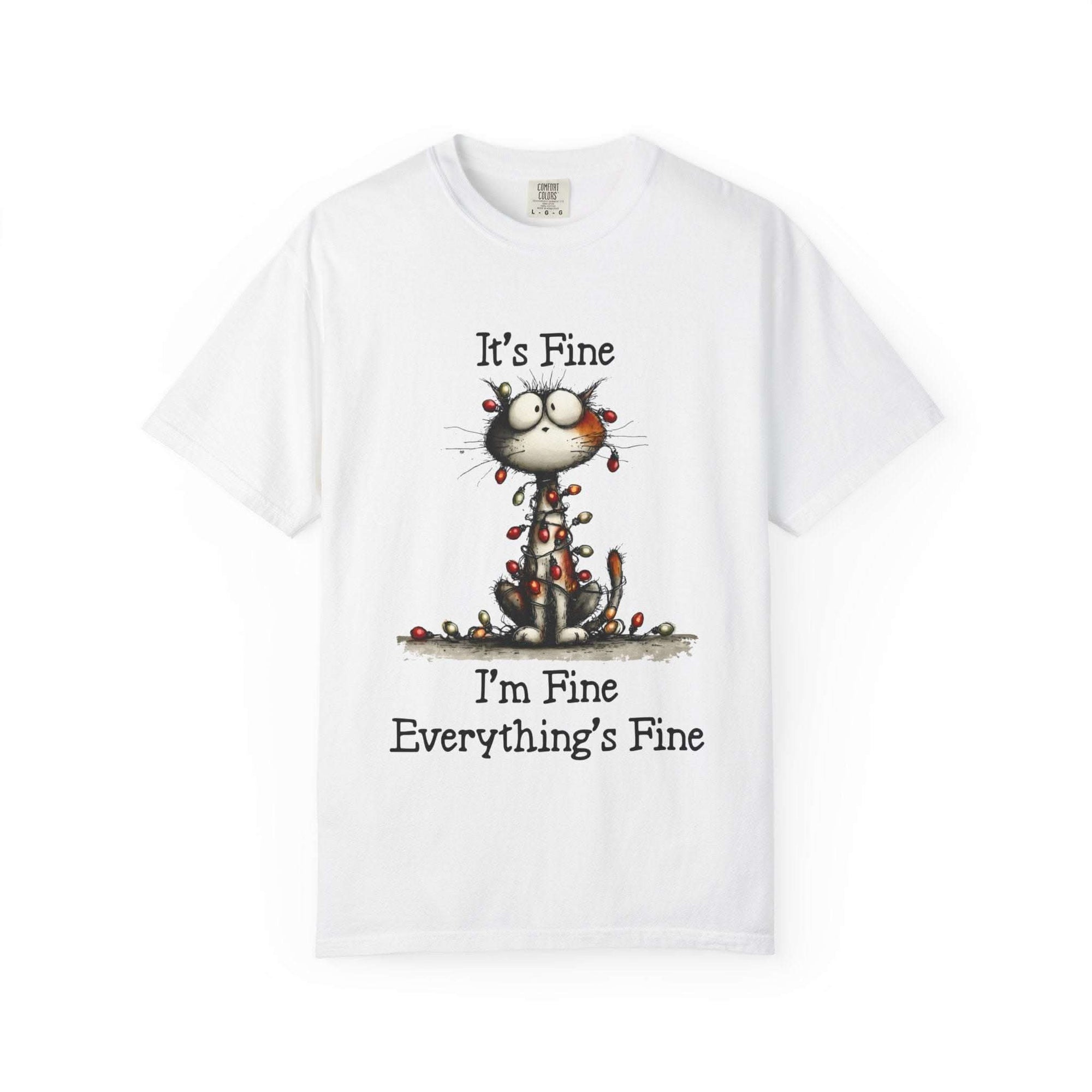 White cat t-shirt with cartoon cat and "It’s Fine, I’m Fine, Everything’s Fine" text, soft garment-dyed cotton