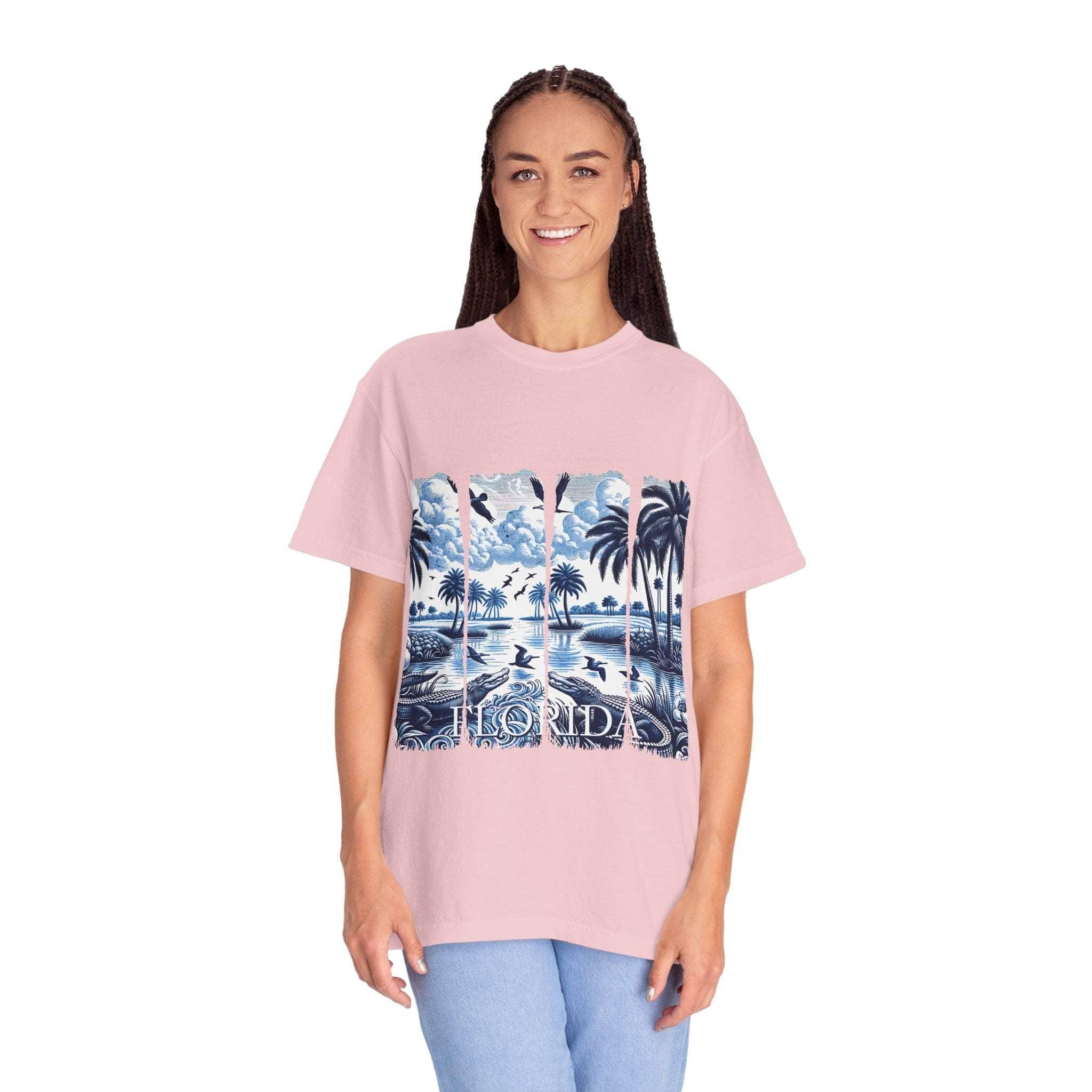 Blue Chinoise Brushstroke garment-dyed cotton t-shirt with relaxed fit and artistic coastal brushstroke design