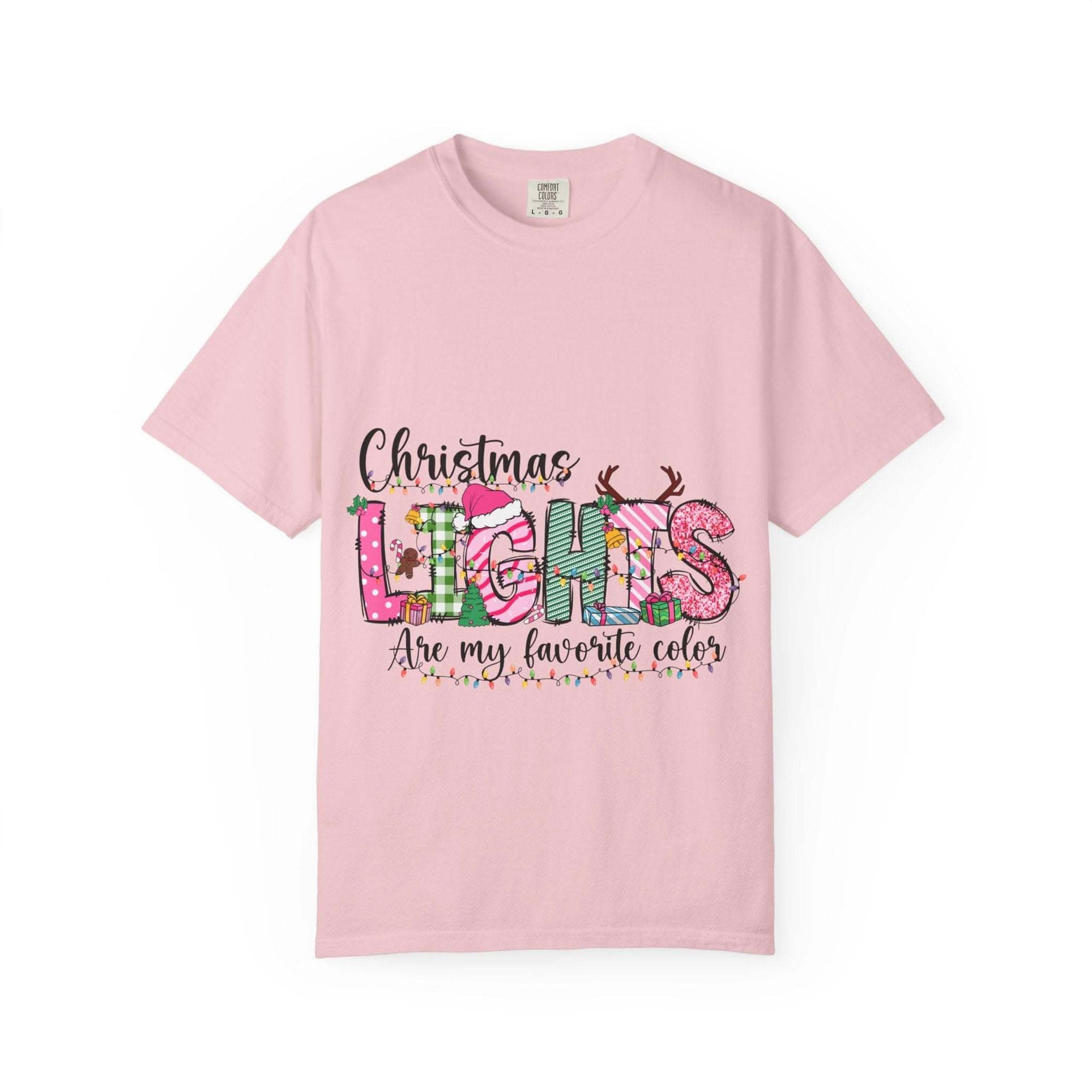 Christmas Lights Are My Favorite Color T-shirt in soft garment-dyed cotton with holiday graphic and relaxed fit