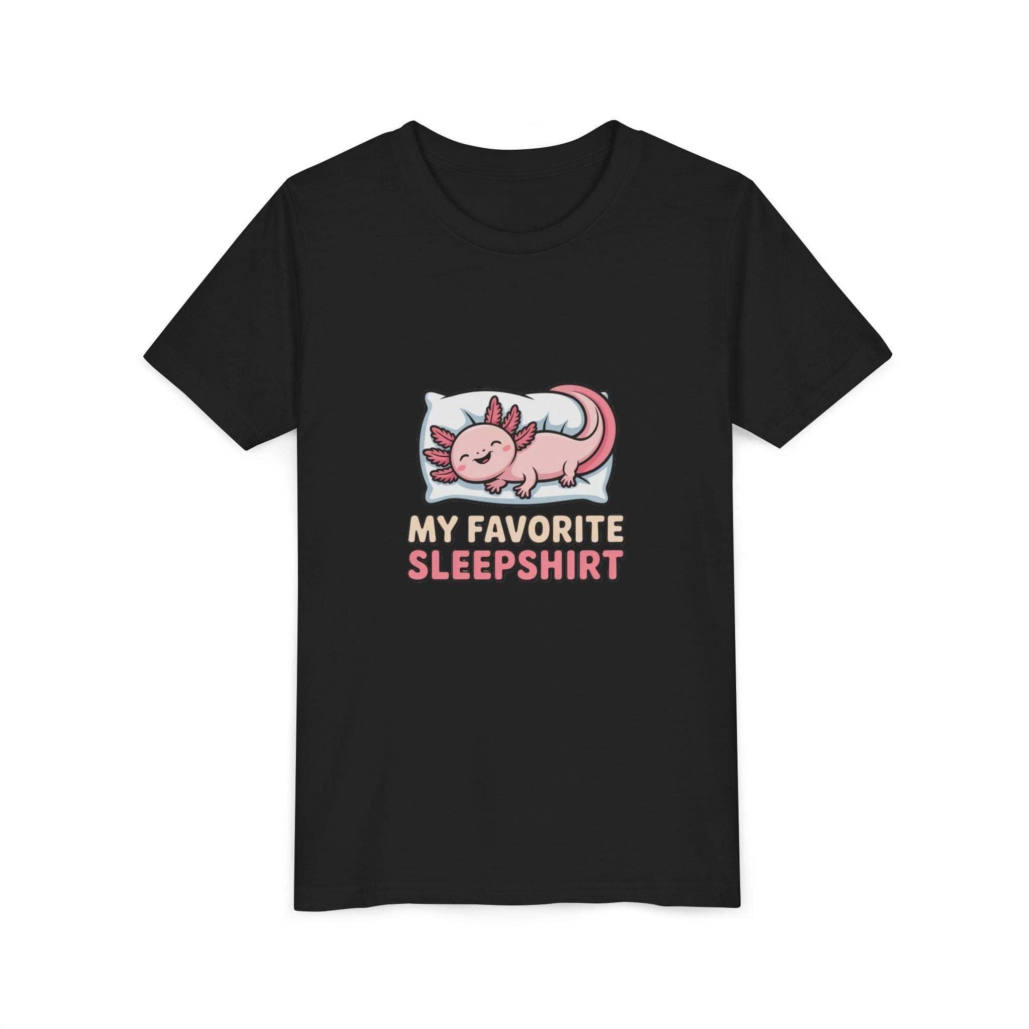 Black t-shirt with axolotl graphic and text 'My Favorite Sleepshirt' on a white background