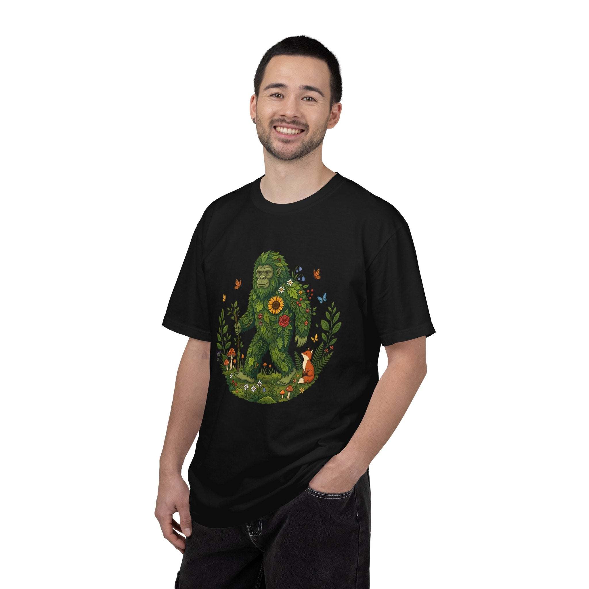Forest Sasquatch illustration t-shirt with floral Bigfoot and woodland design on soft cotton fabric