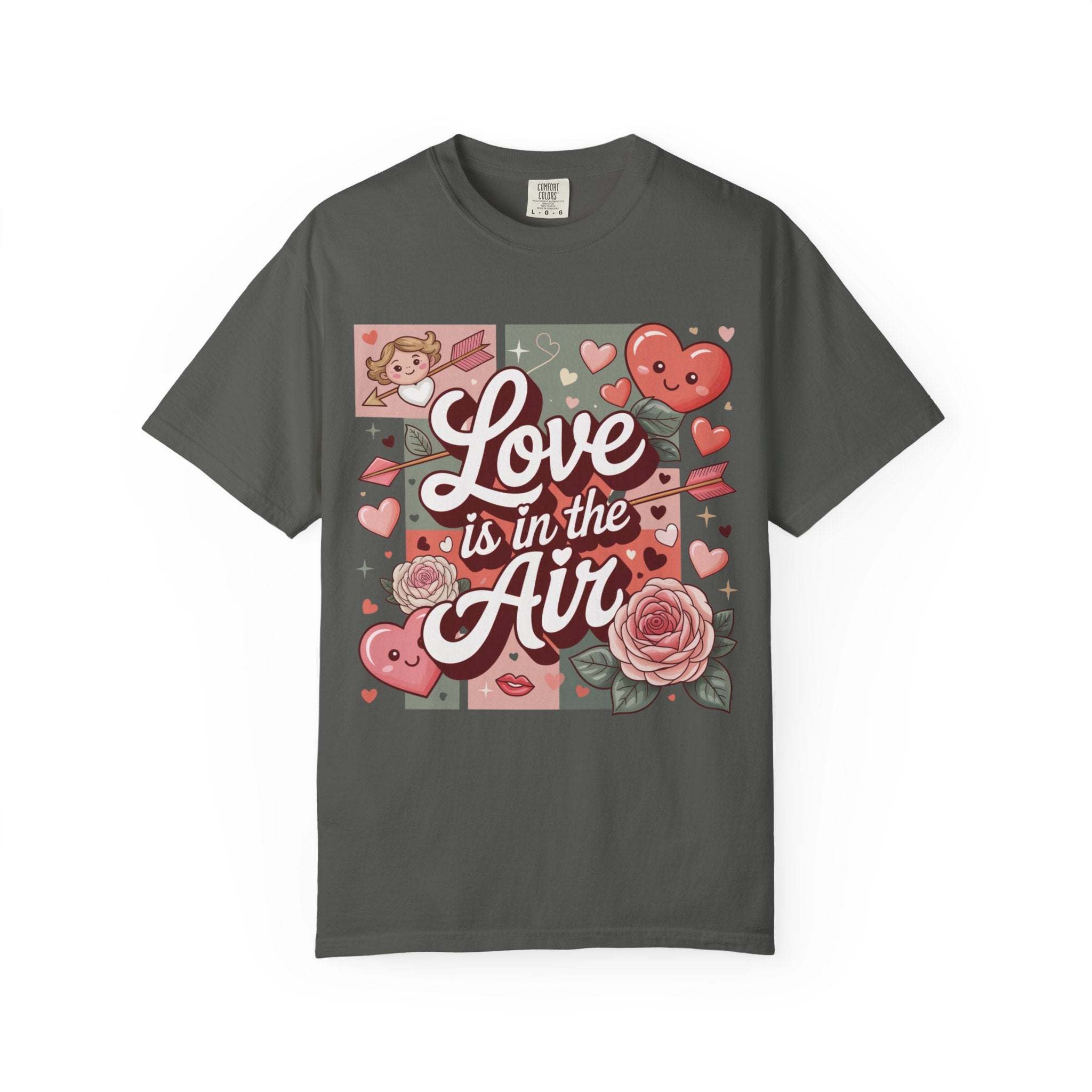 Valentine's t-shirt with vintage hearts design and Love Is in the Air text
