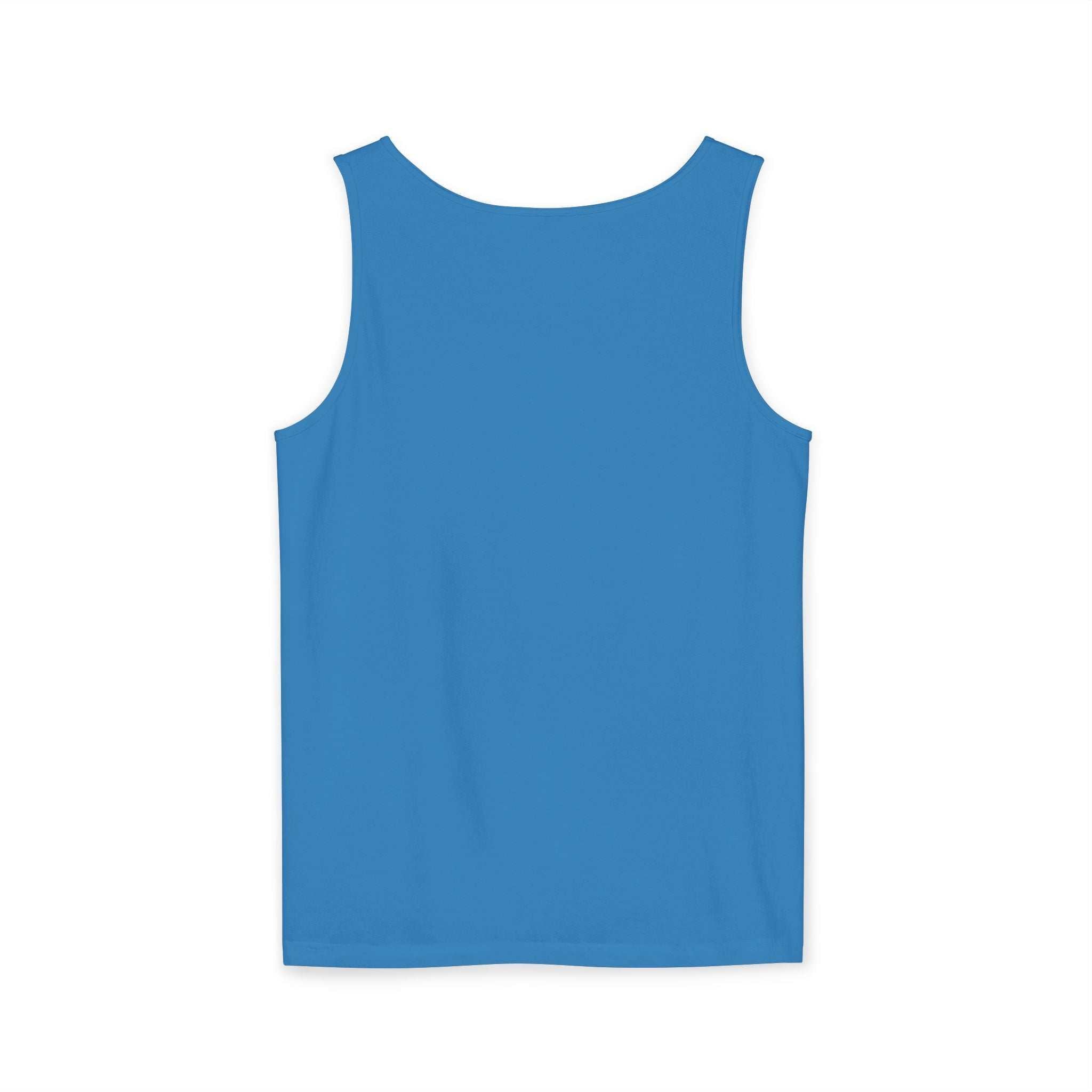 Blue sleeveless casual tank top with round neckline and relaxed fit.