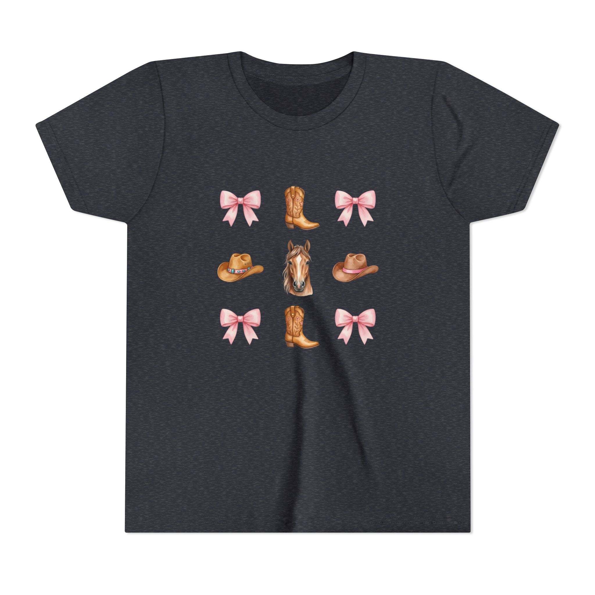 Youth pink t-shirt with Cowboy Horse & Boots Western-themed print of horse face, pink bows, and cowboy hat