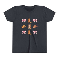 Youth pink t-shirt with Cowboy Horse & Boots Western-themed print of horse face, pink bows, and cowboy hat