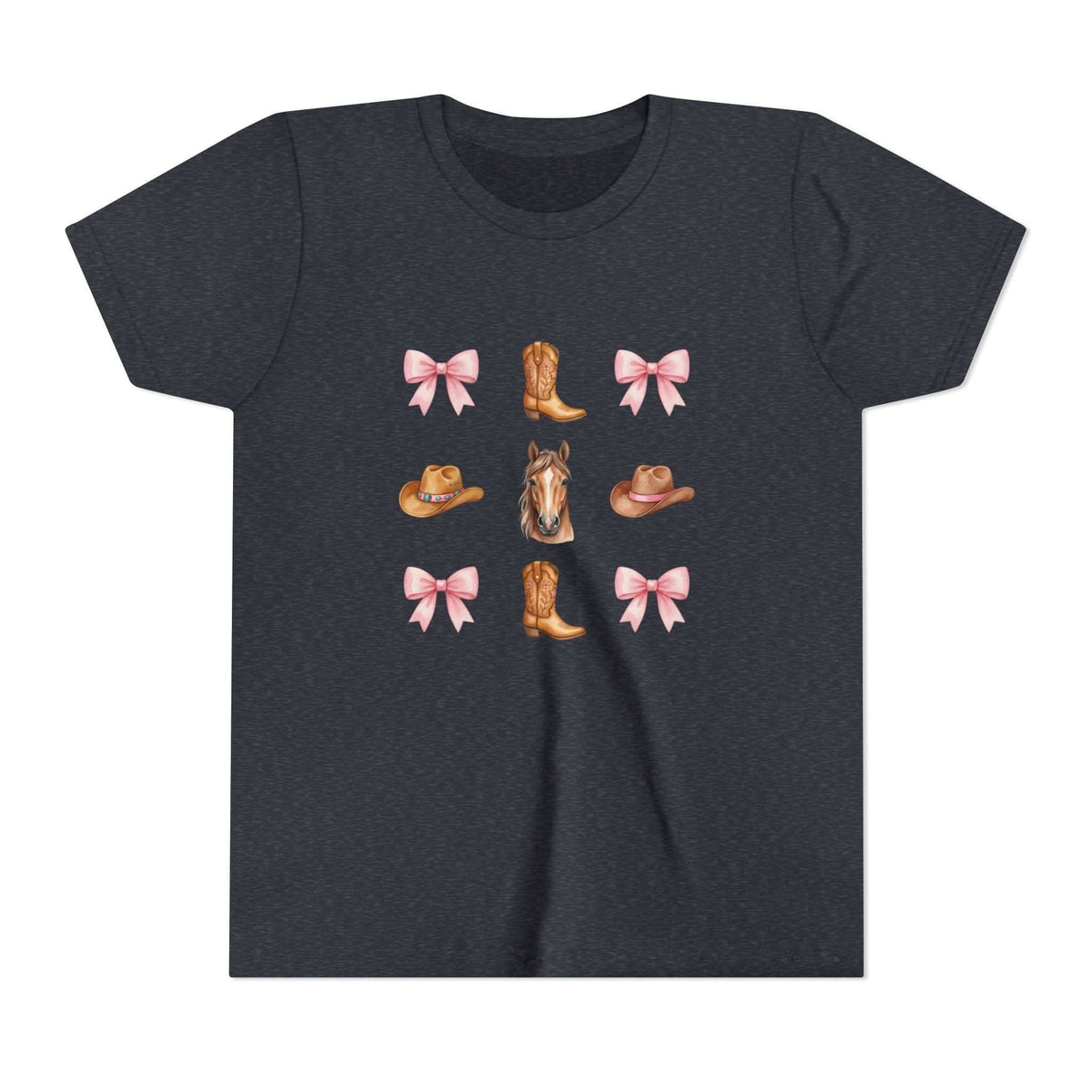 Youth pink t-shirt with Cowboy Horse & Boots Western-themed print of horse face, pink bows, and cowboy hat