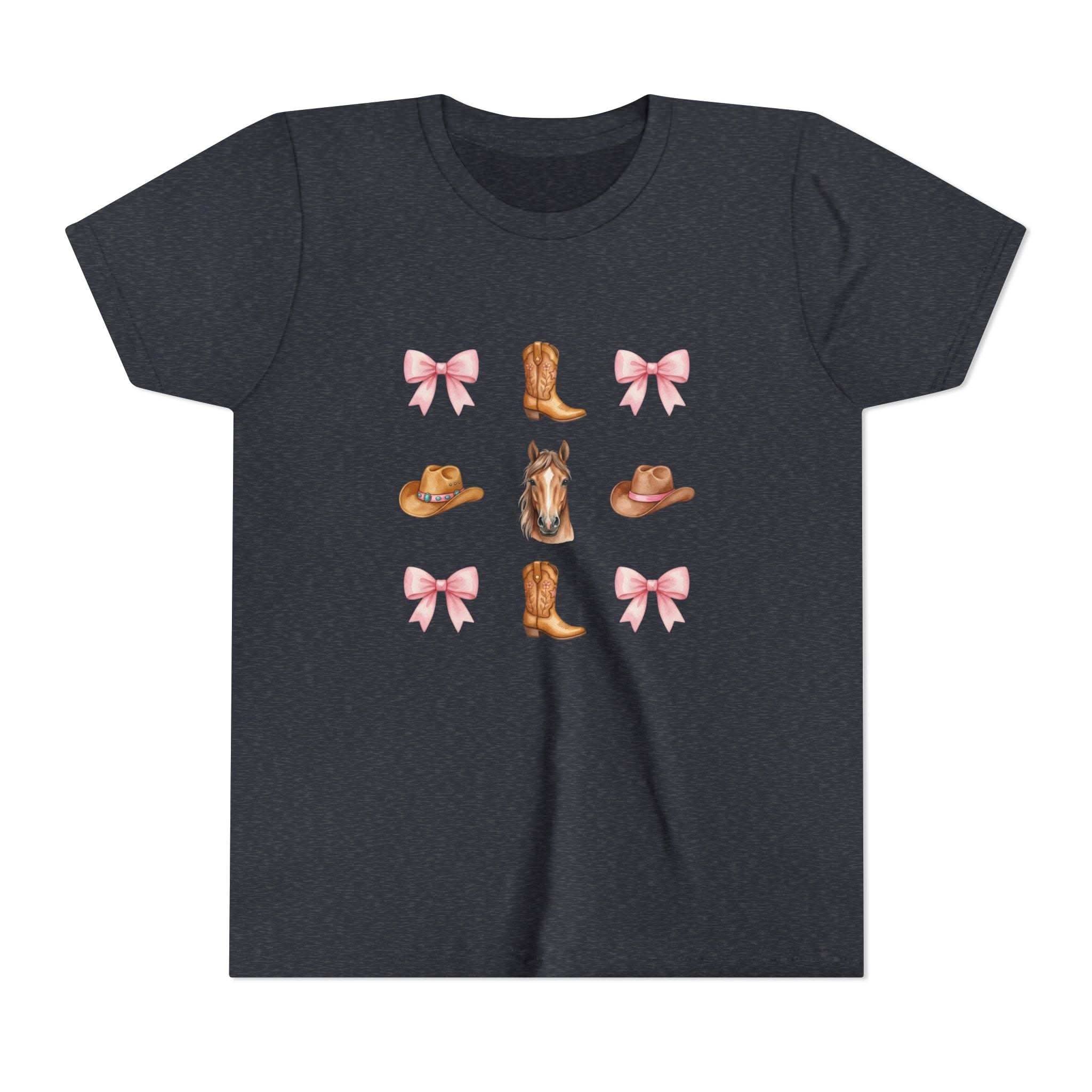 Youth pink t-shirt with Cowboy Horse & Boots Western-themed print of horse face, pink bows, and cowboy hat