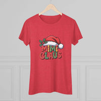 Women's red Christmas tee with festive Mimi Claus design and slim fit